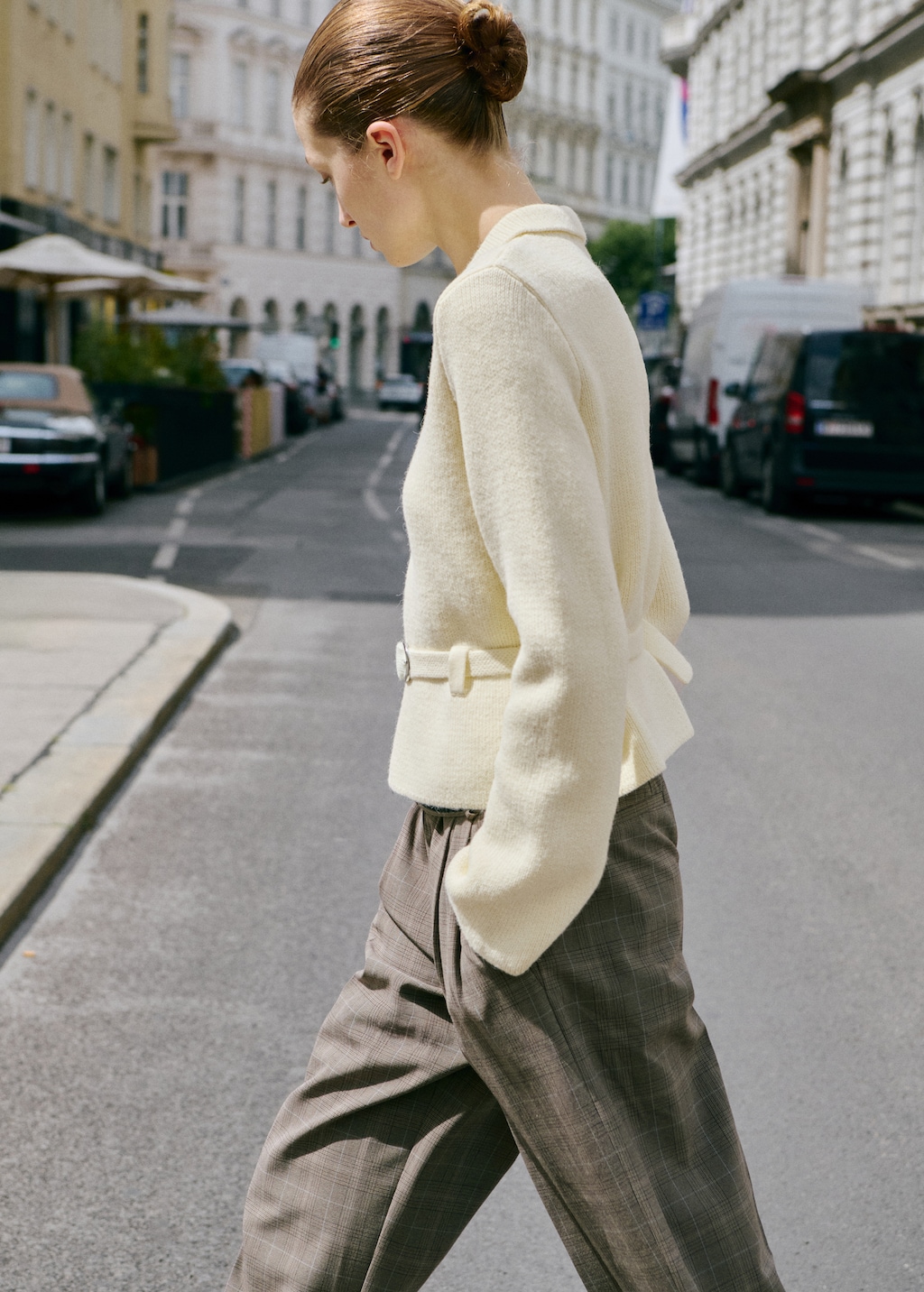 Knitted jacket with belt and buckle