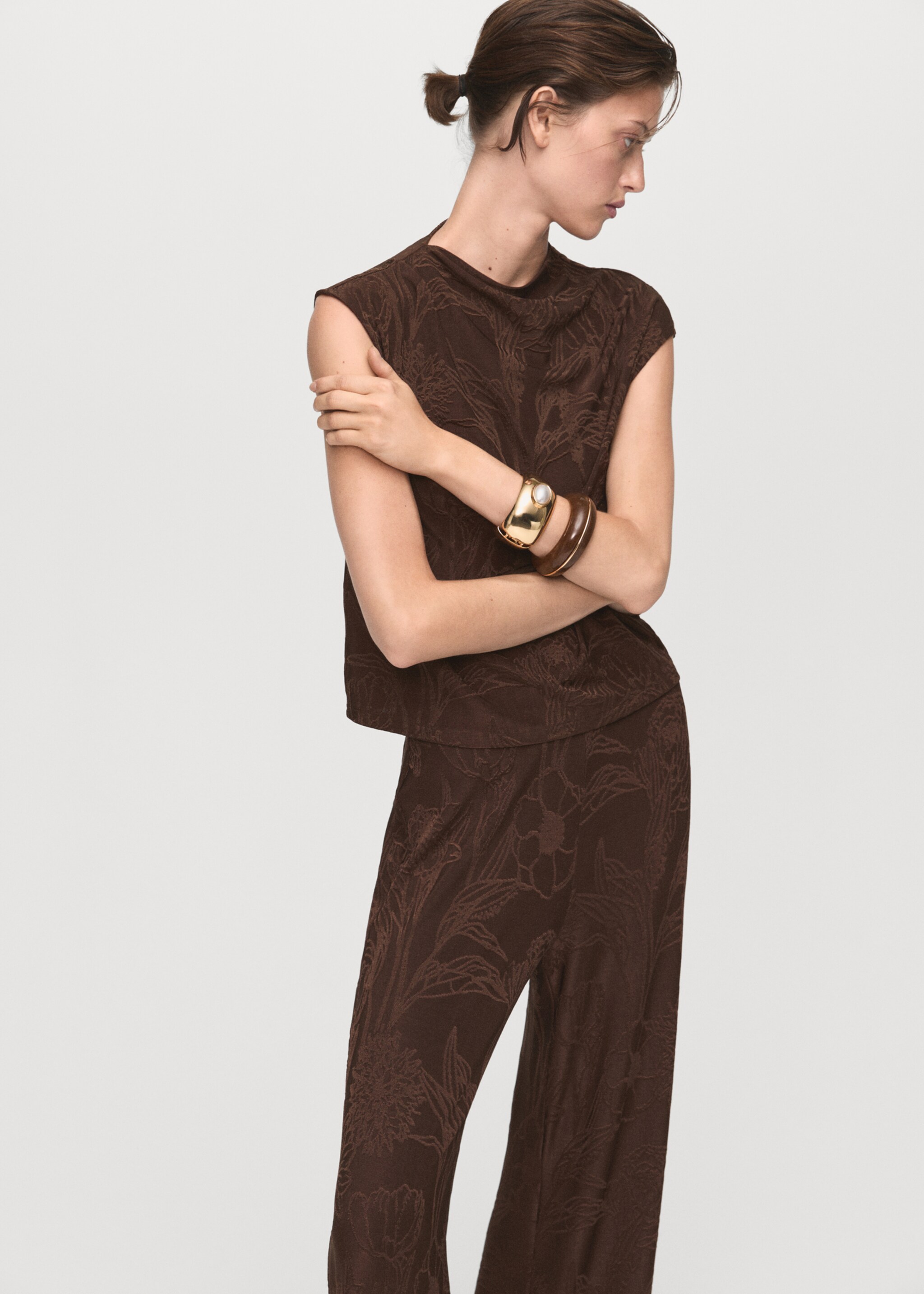 Jacquard floral-print straight trousers - Details of the article 1, Brown. Ref: 17055828-00.