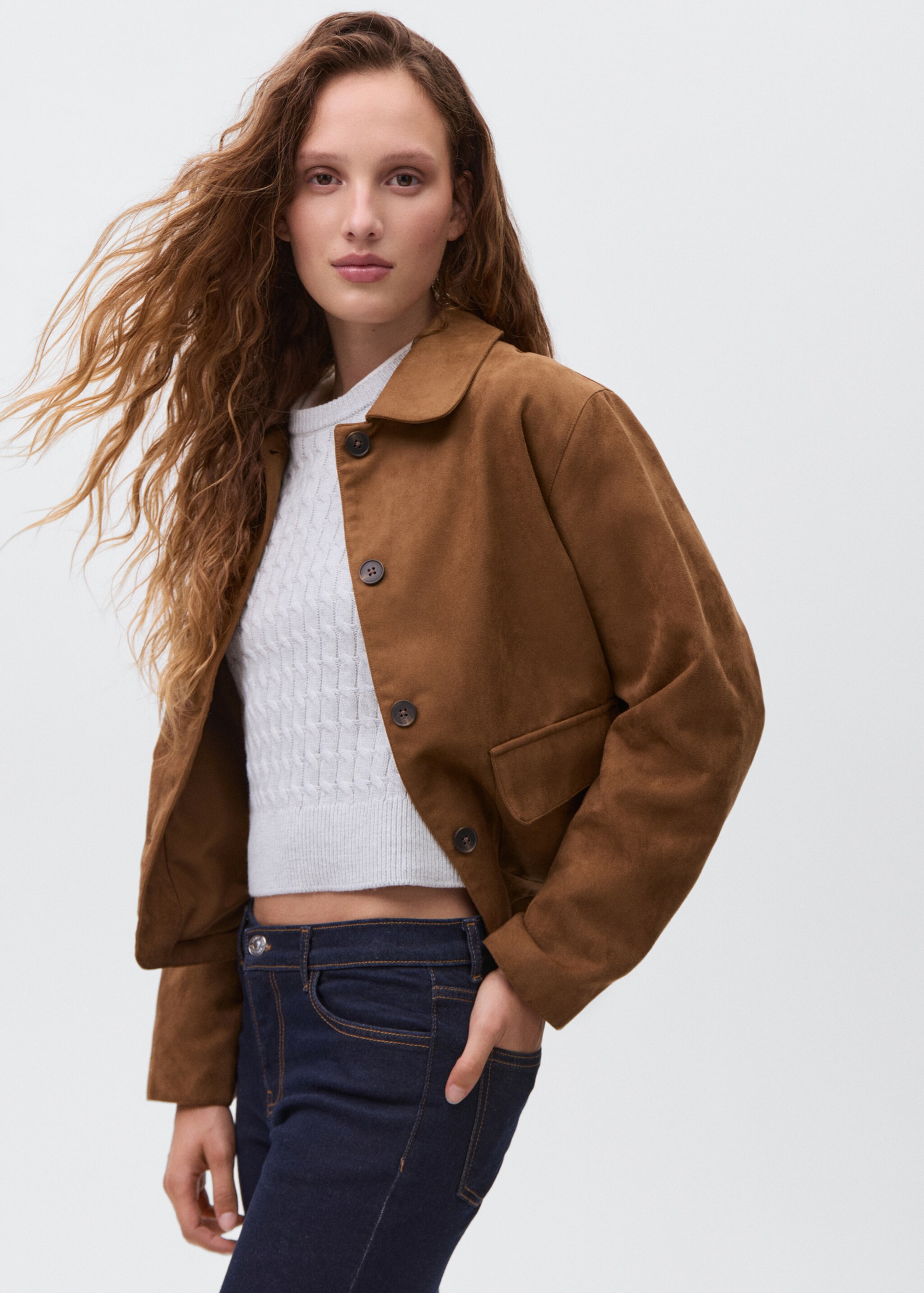 Suede effect jacket - Medium plane, Tobacco Brown. Ref: 17056332-00.