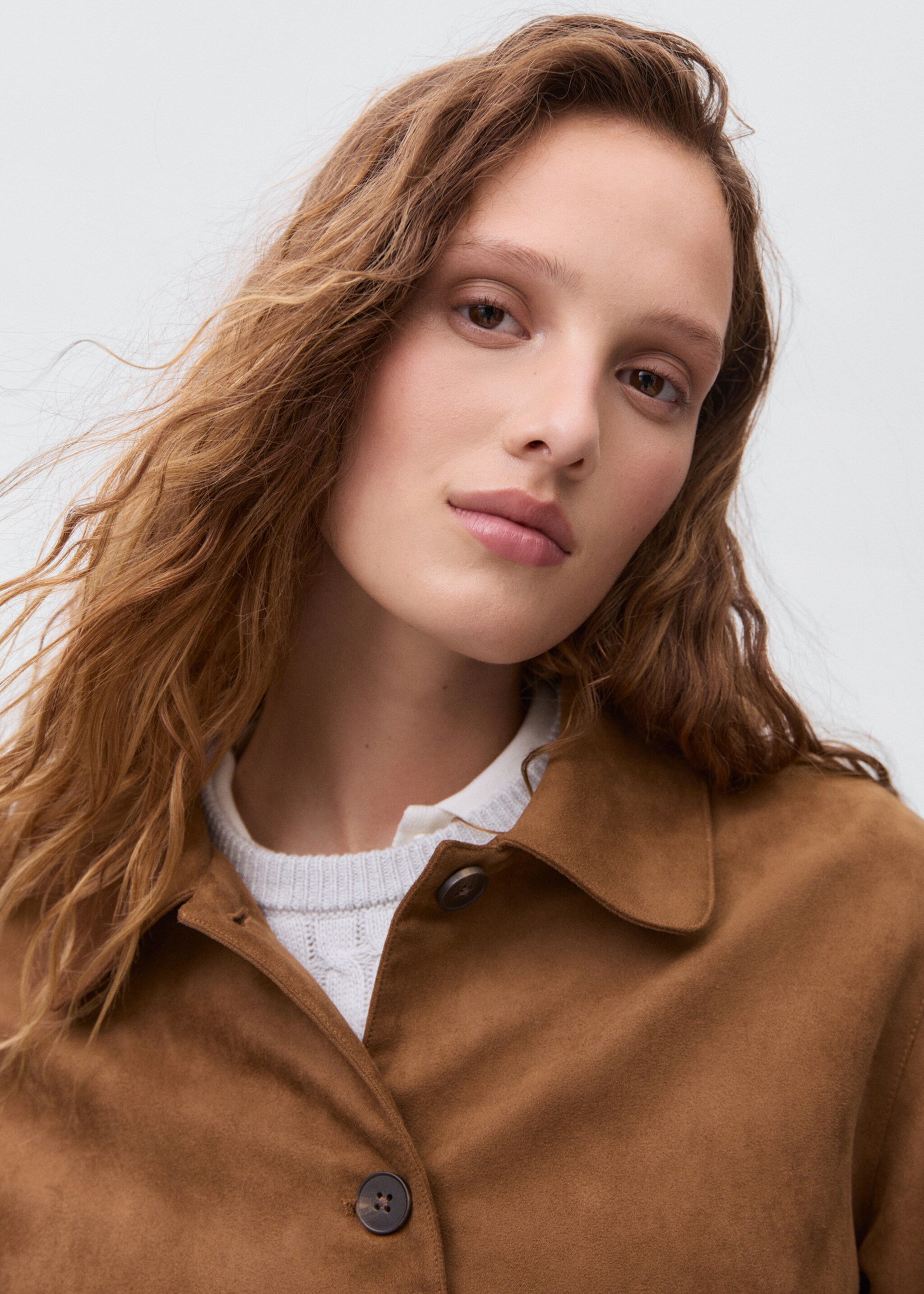 Suede effect jacket - Details of the article 1, Tobacco Brown. Ref: 17056332-00.