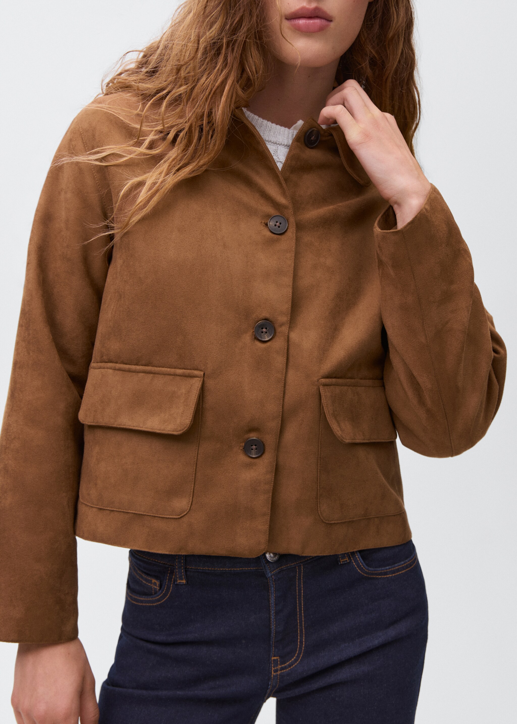 Suede effect jacket - Details of the article 6, Tobacco Brown. Ref: 17056332-00.