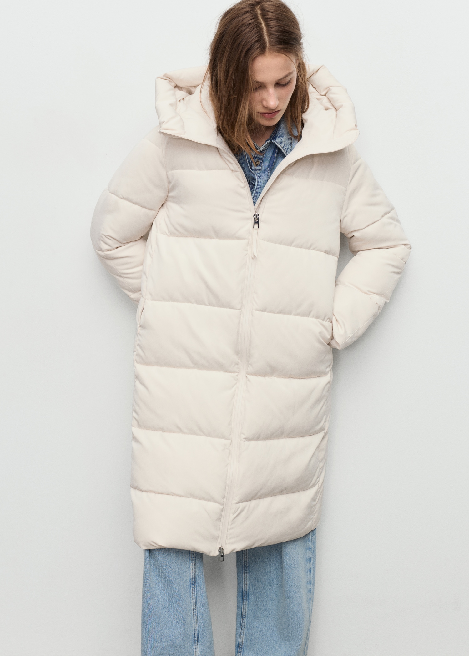 Long padded anorak with hood - Medium plane