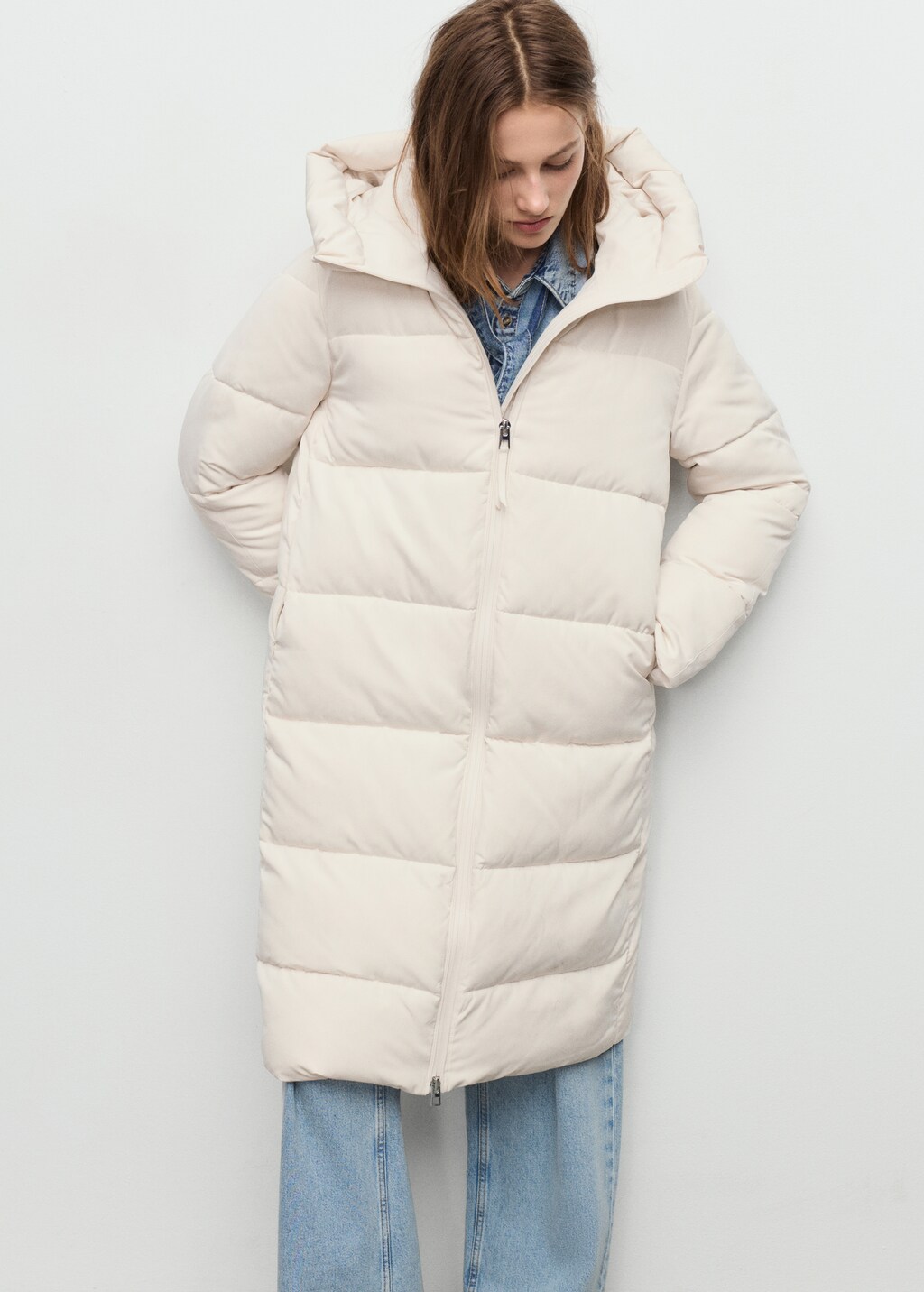 Long padded anorak with hood