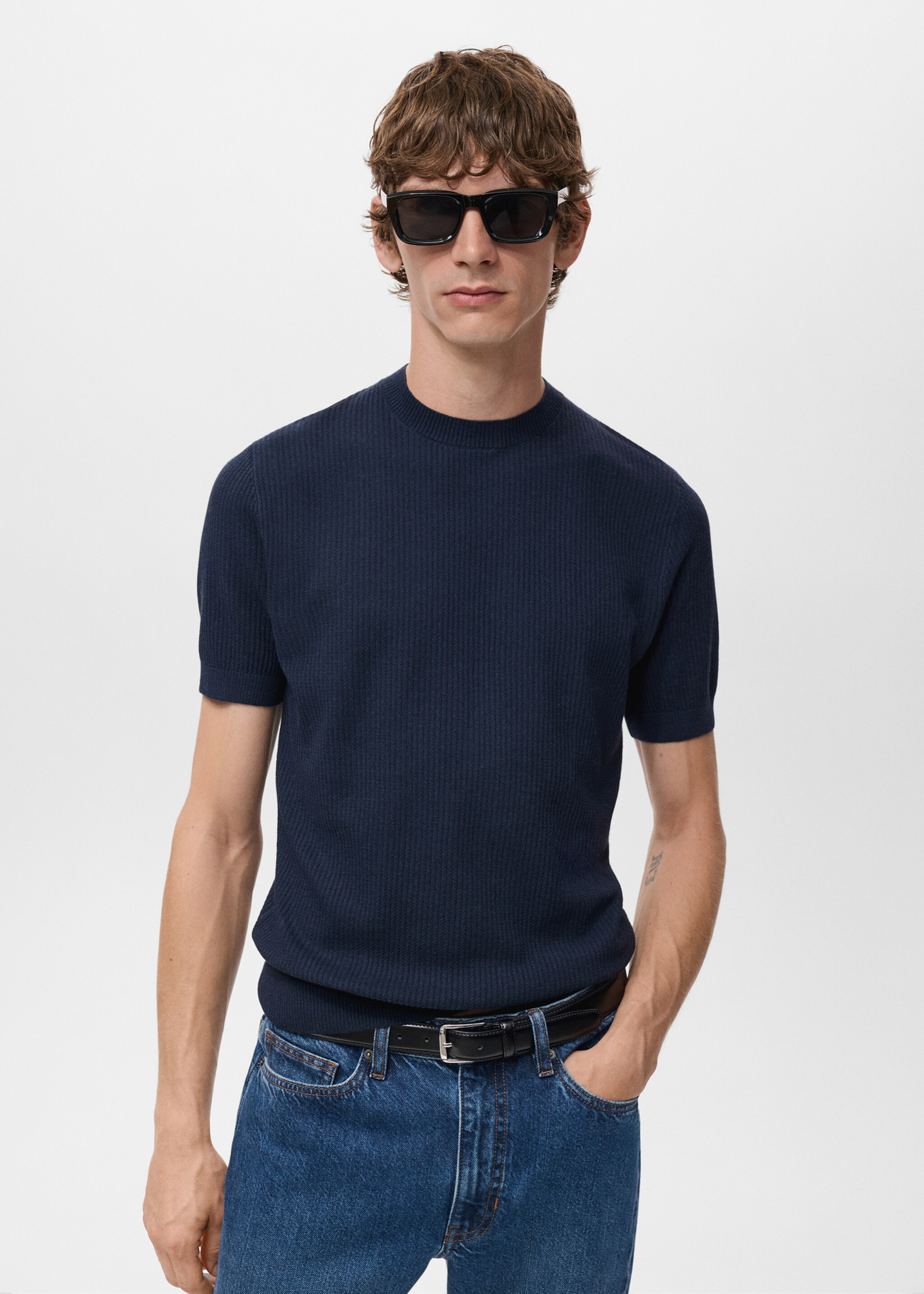 Camiseta punto canalé - Plano medio, Azul marino. Ref: 17057762-00.