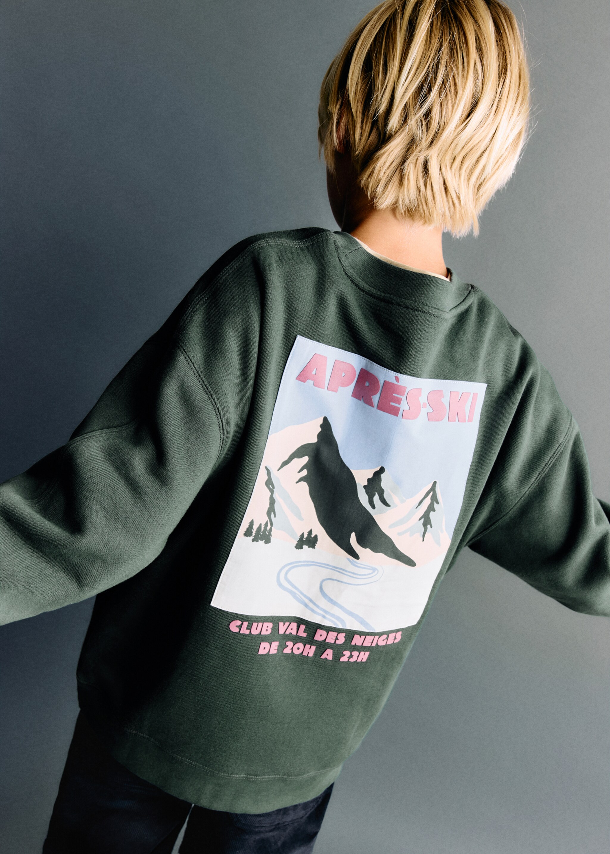 Sweat-shirt coton imprimé - Plan moyen, Vert moyen. Ref: 17057787-00.