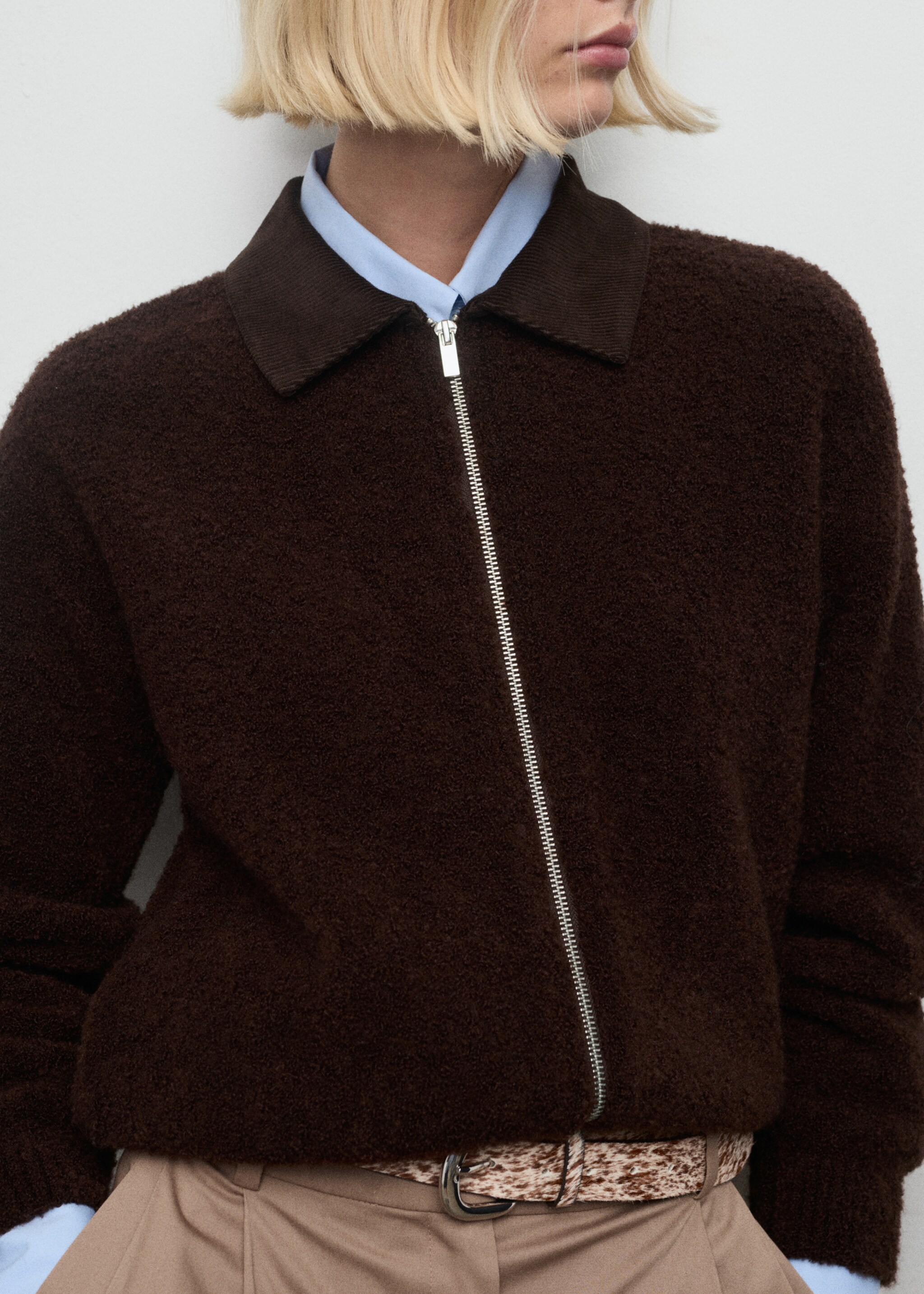 Chaqueta bouclé cuello pana - Plano medio, Marrón. Ref: 17057813-00.