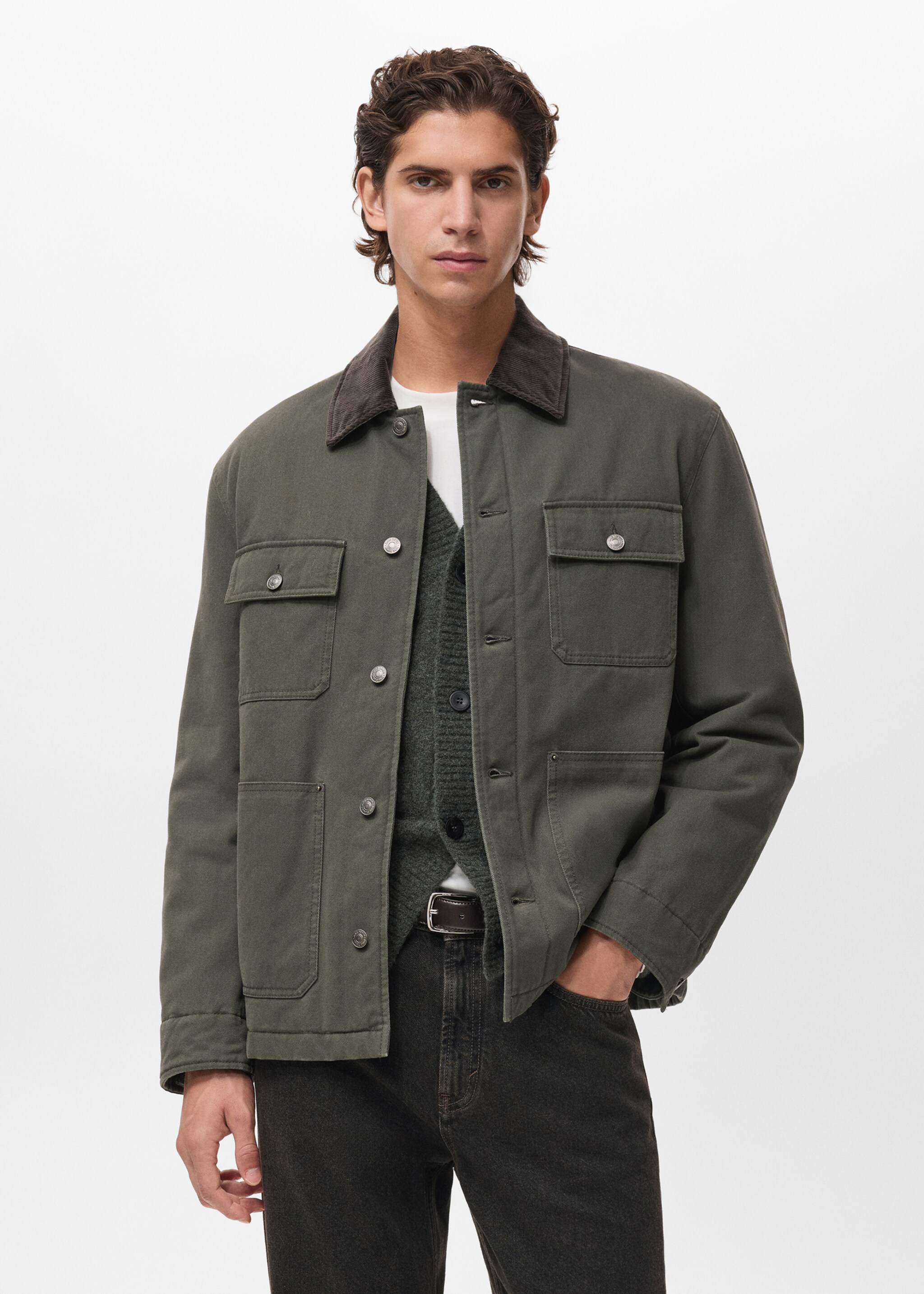 Jacket with pockets and corduroy collar - Medium plane, Khaki. Ref: 17057883-00.