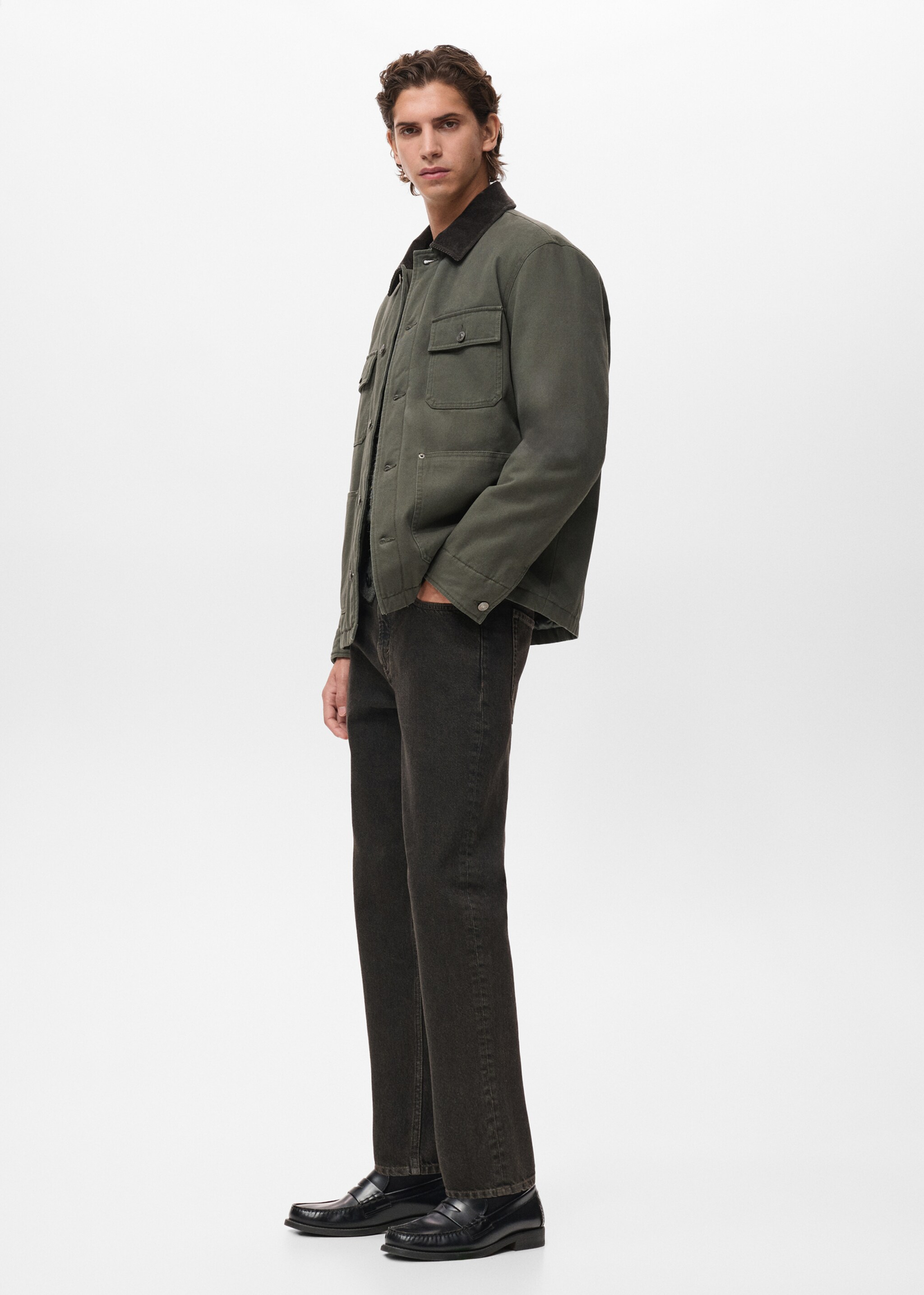 Jacket with pockets and corduroy collar - Details of the article 2, Khaki. Ref: 17057883-00.