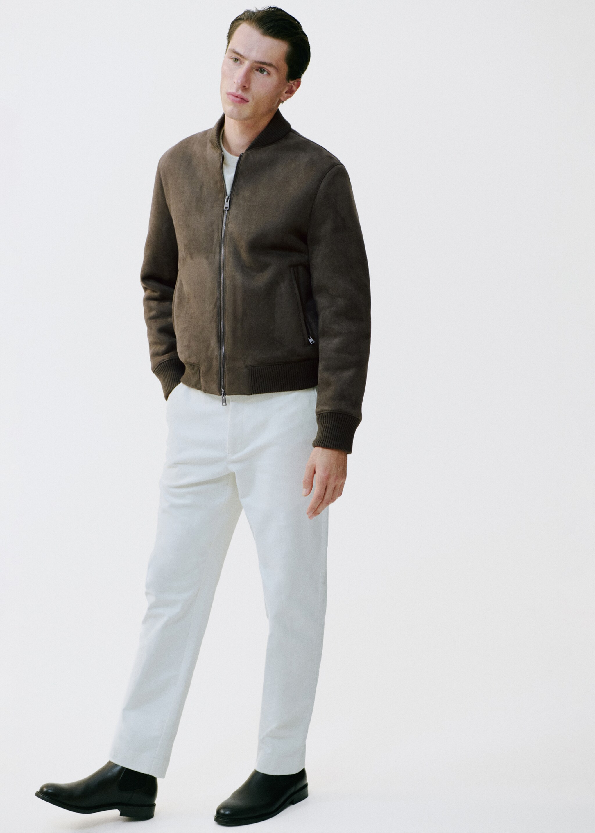 Suede-effect bomber jacket - Details of the article 3, Brown. Ref: 17057884-00.