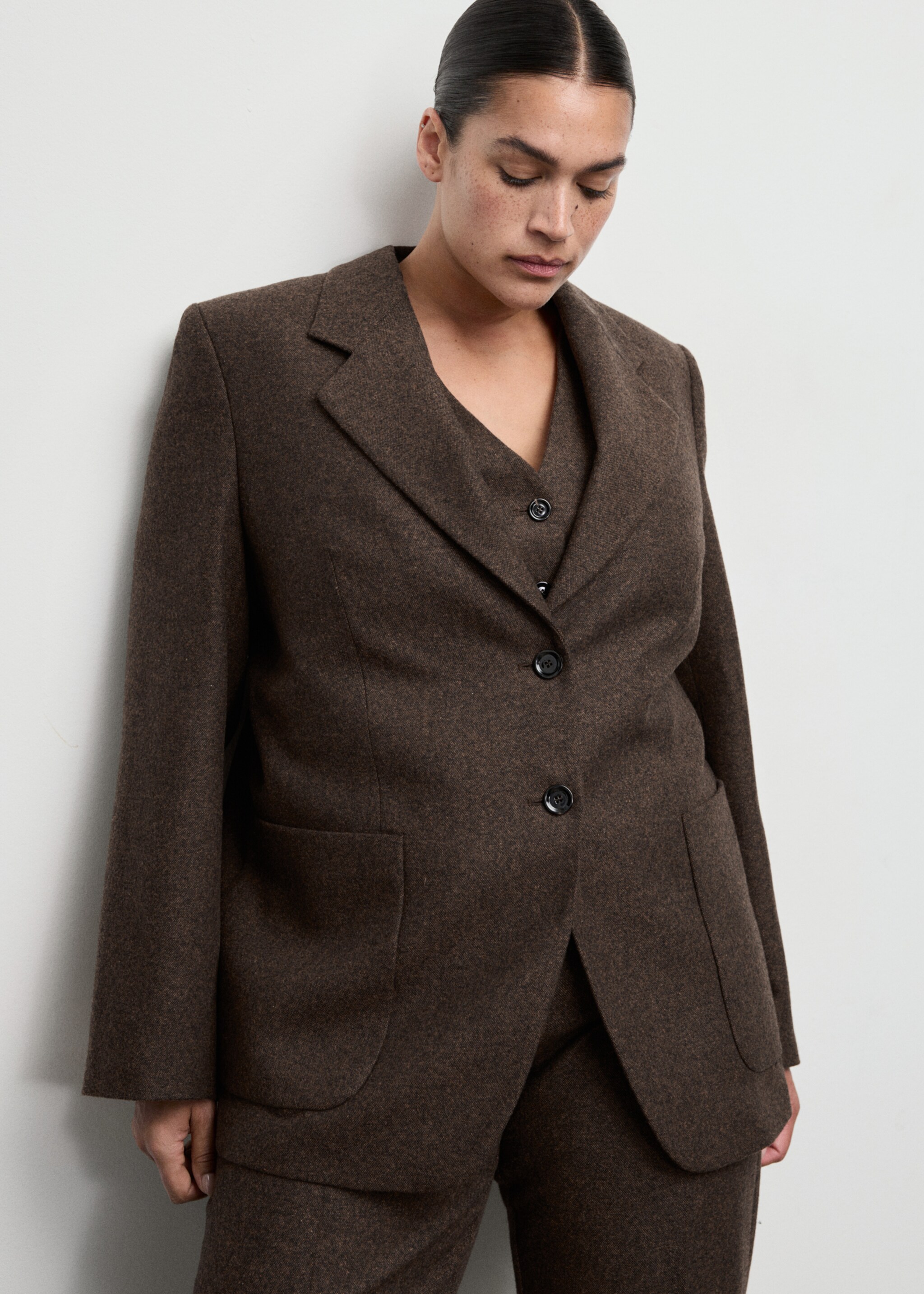 Speckled wool jacket with pockets - Details of the article 5, Brown. Ref: 17057912-00.