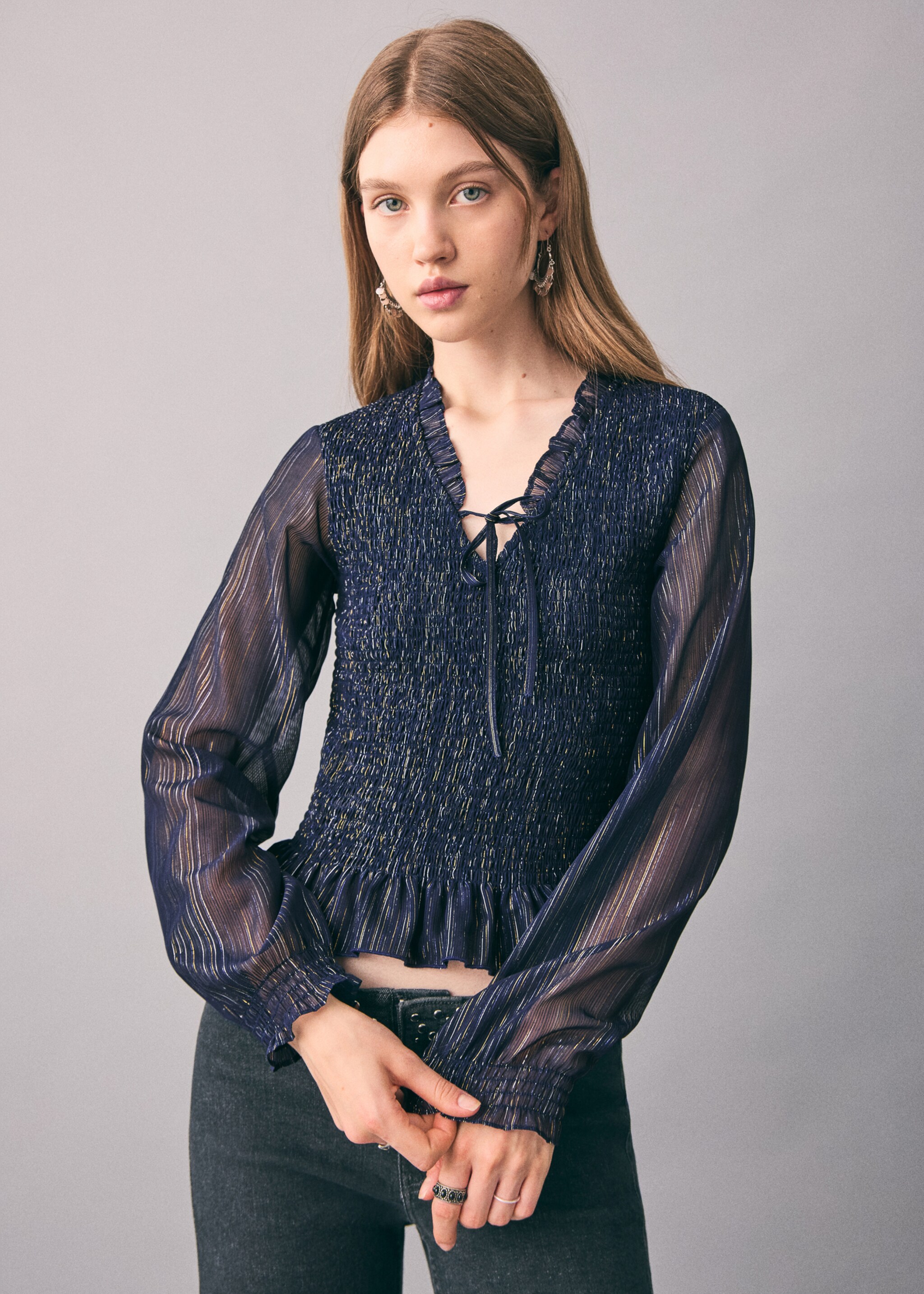 Ruched striped blouse - Medium plane, Navy. Ref: 17058267-00.