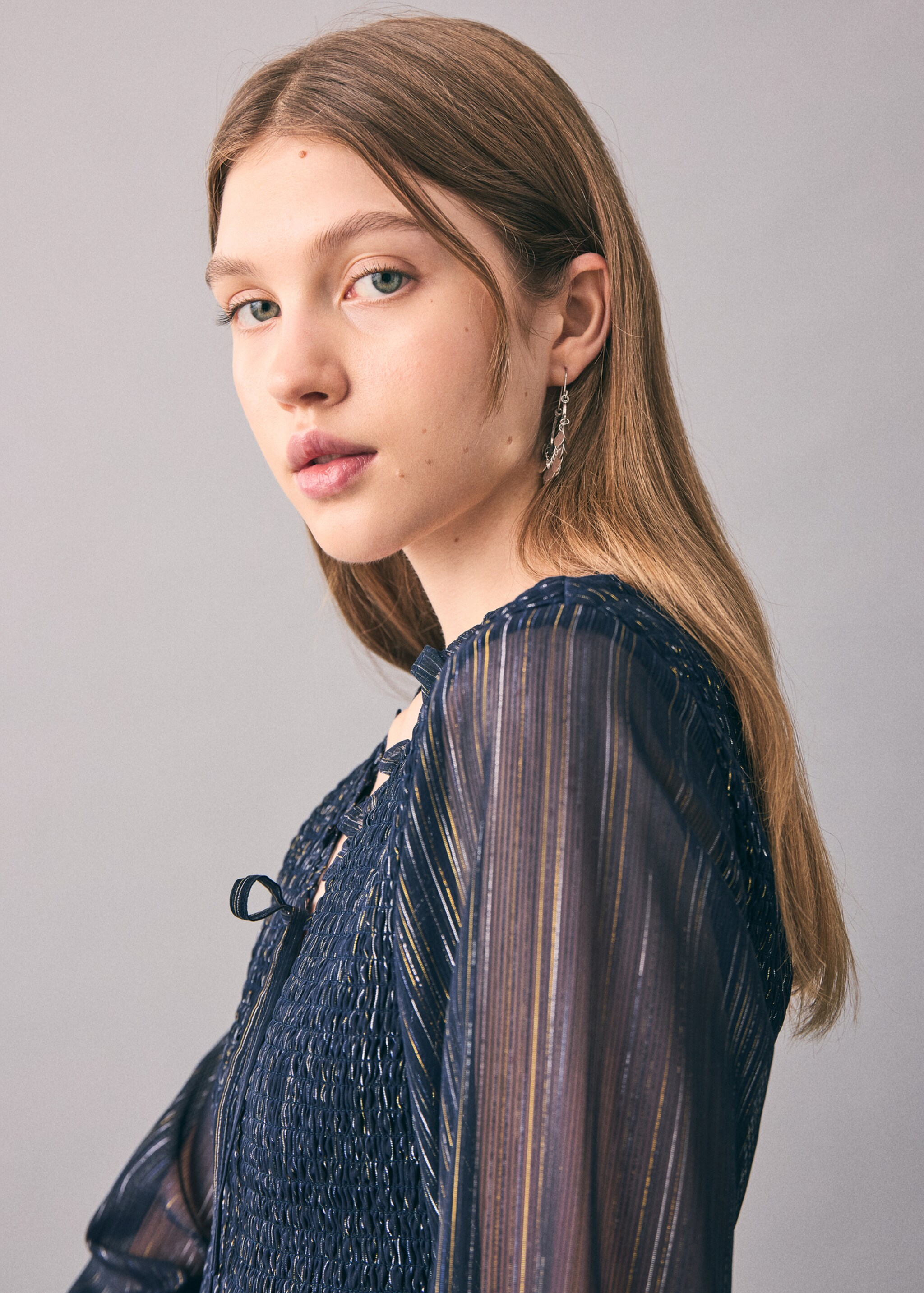 Ruched striped blouse - Details of the article 1, Navy. Ref: 17058267-00.