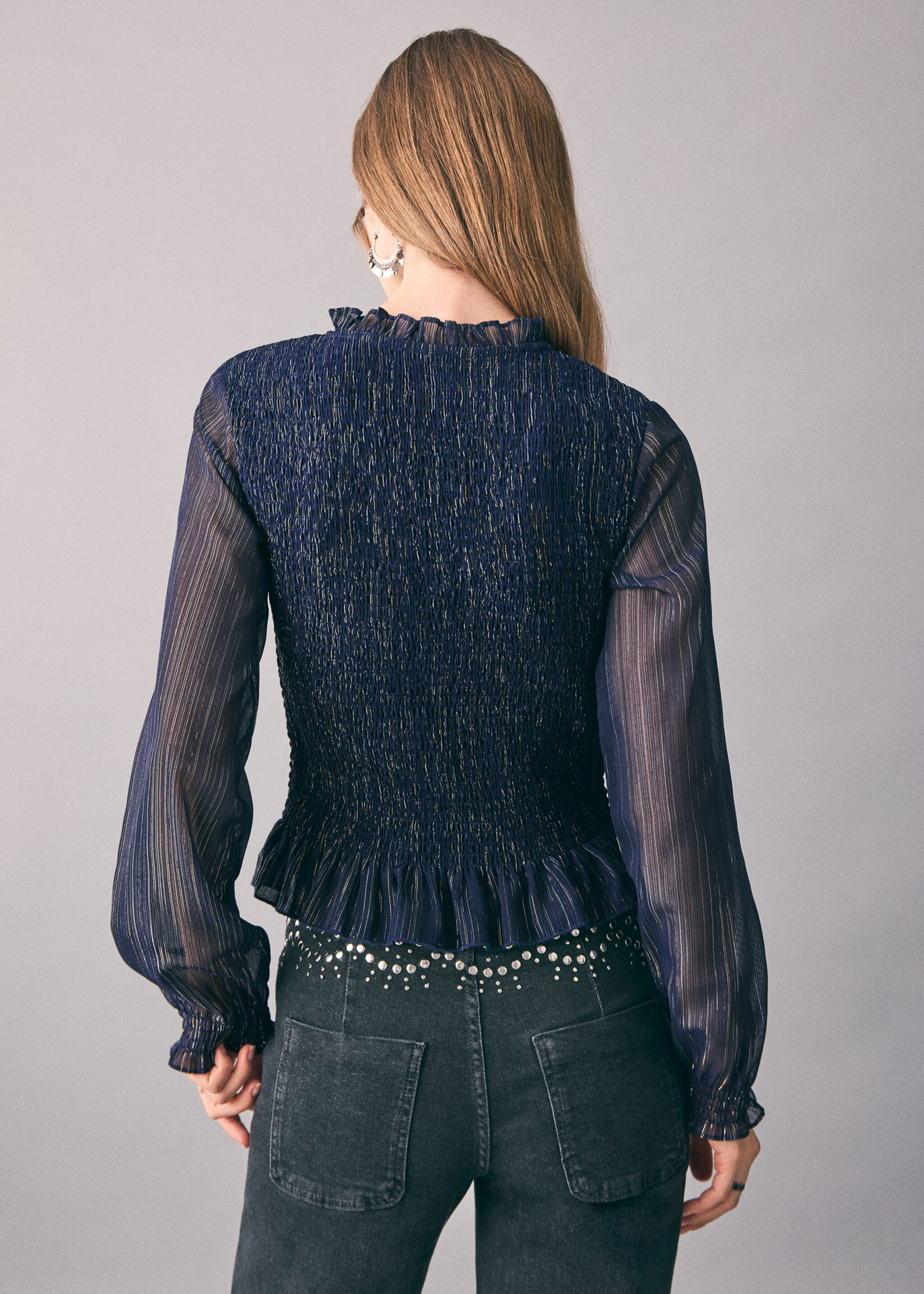 Ruched striped blouse - Reverse of the article, Navy. Ref: 17058267-00.