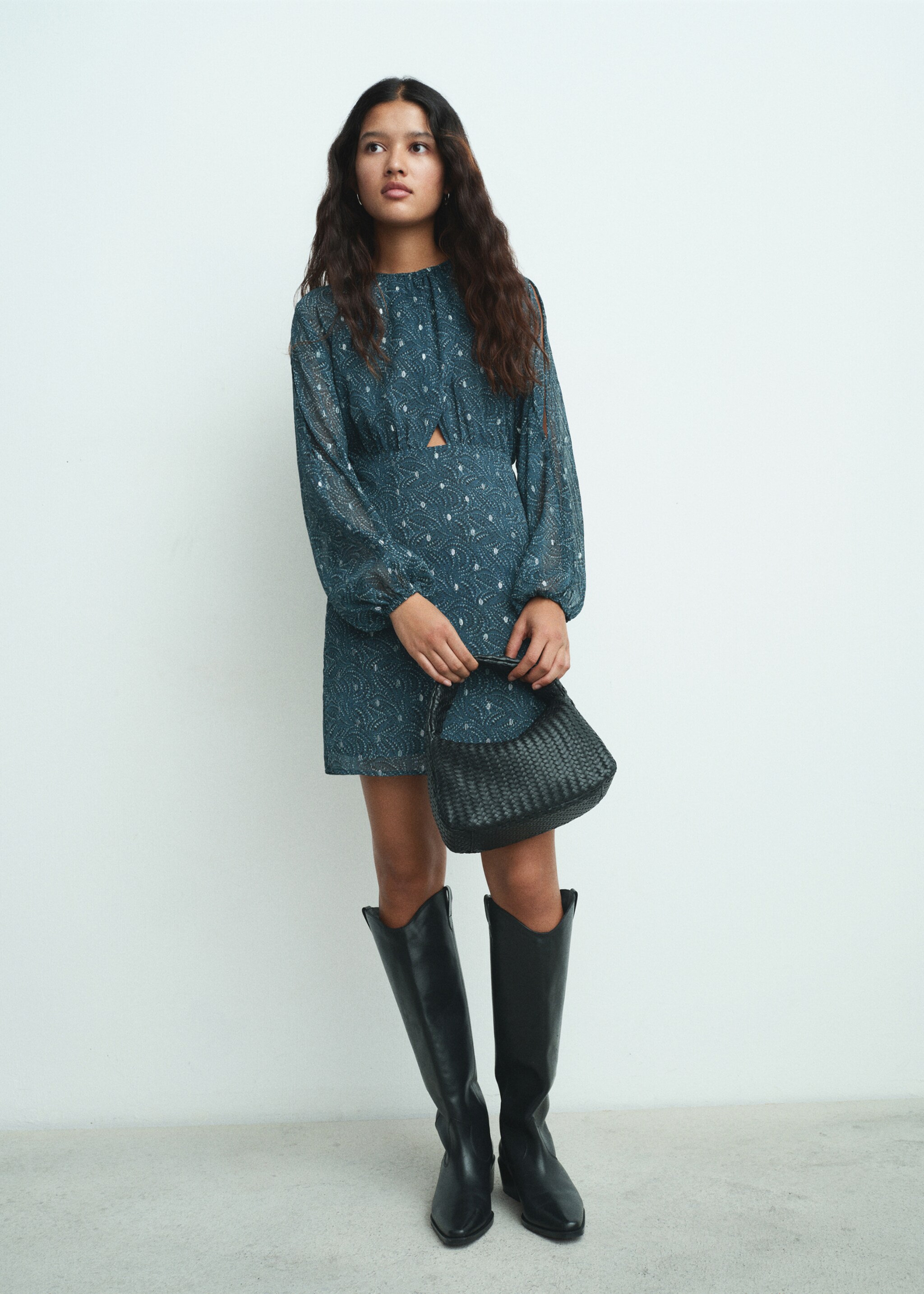 Lurex cut-out print dress - Medium plane, Petrol Blue. Ref: 17058275-00.