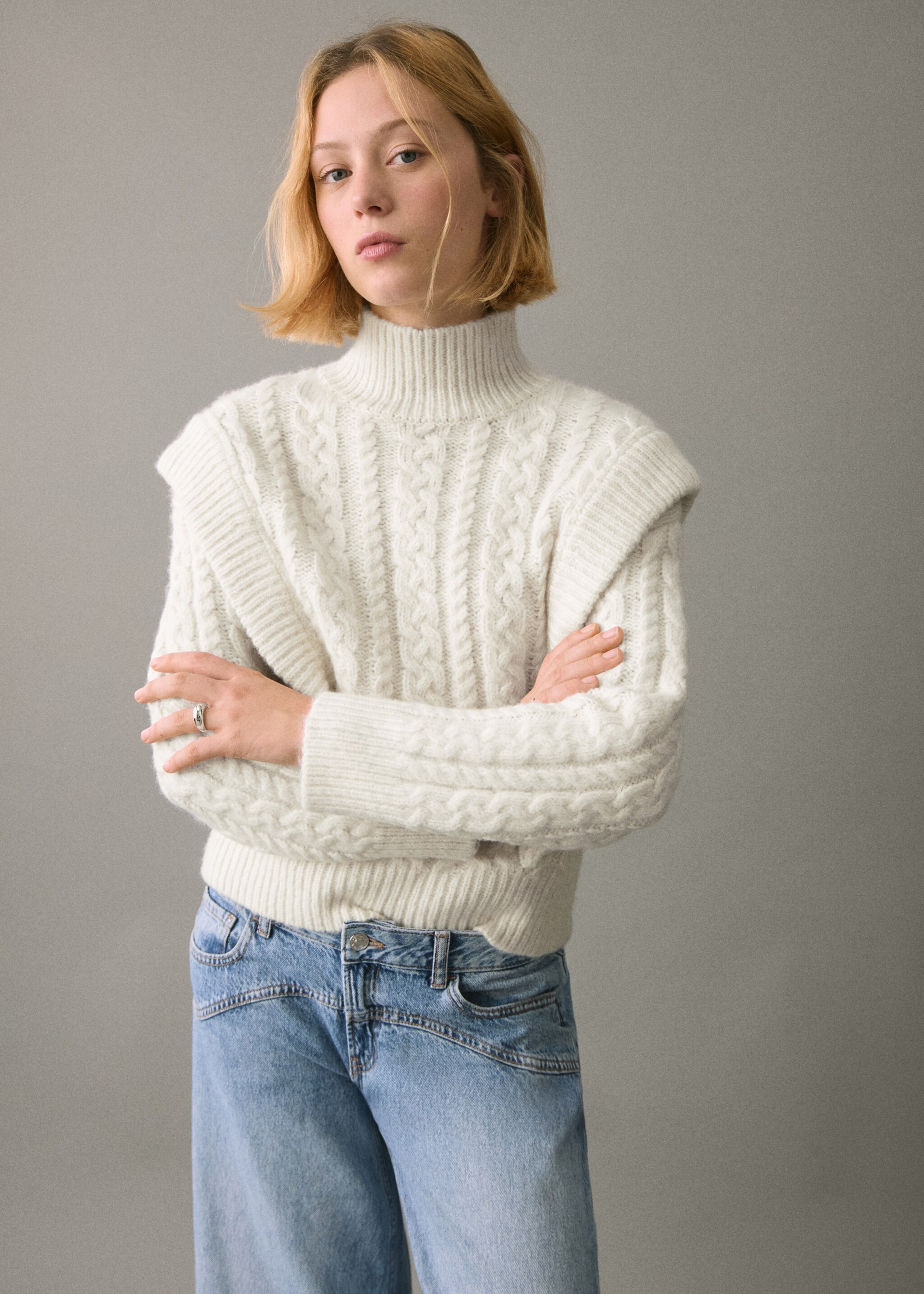 Knitted sweater with perkins neck - Medium plane, Ecru. Ref: 17058280-00.