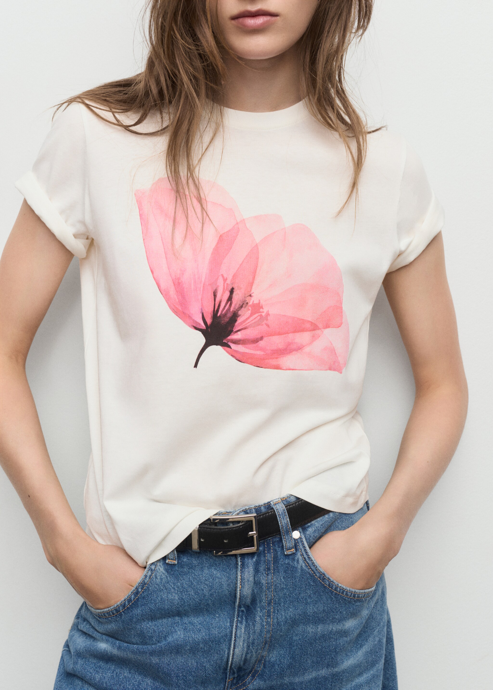 Floral-print cotton t-shirt - Medium plane, Ecru. Ref: 17058639-00.
