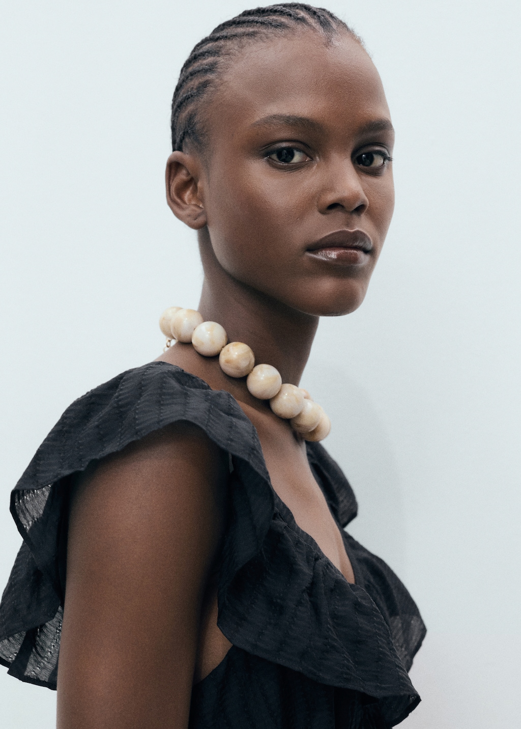 Long dress with ruffle neckline