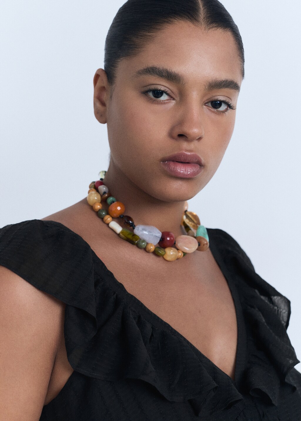 Long dress with ruffle neckline