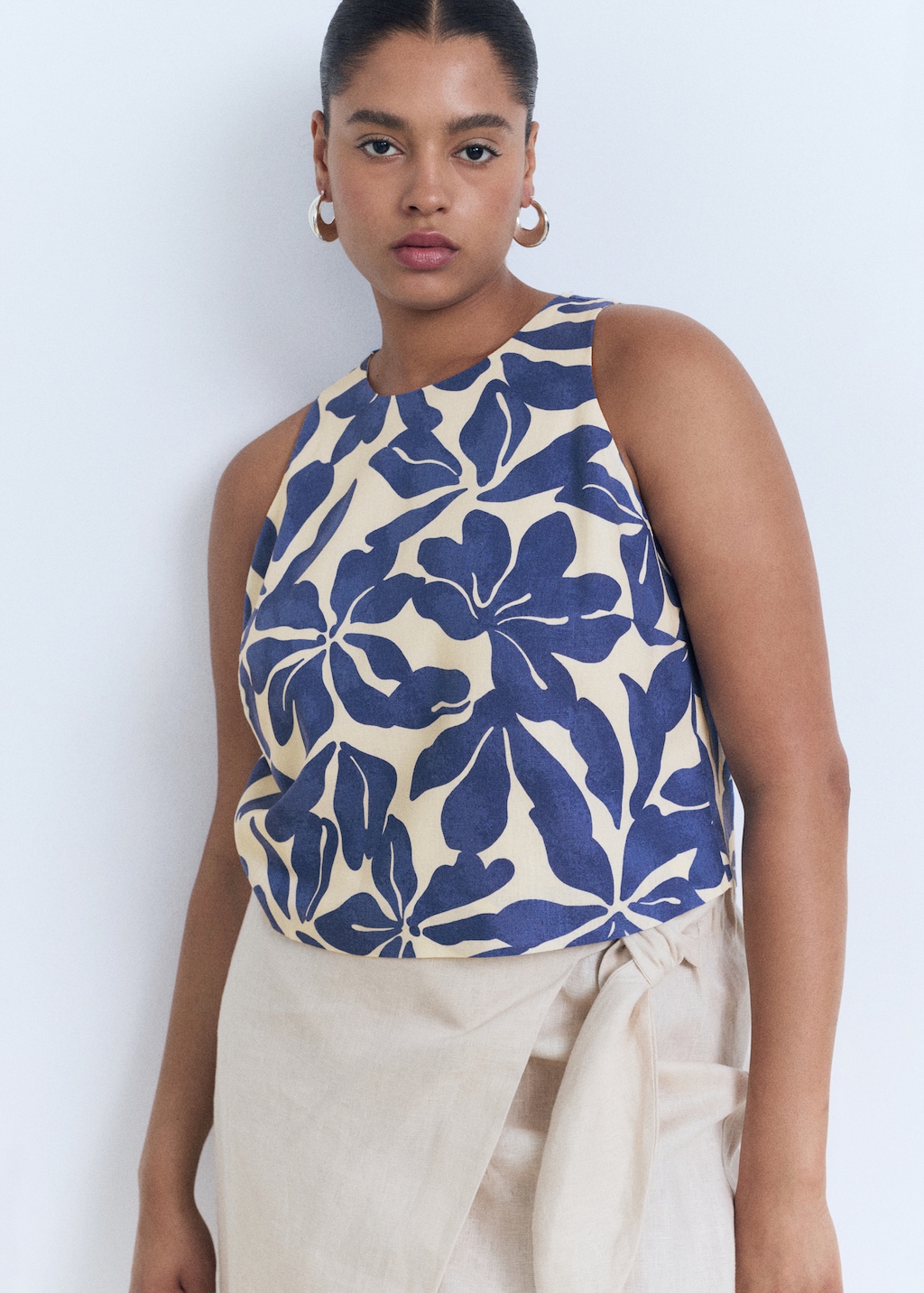 Printed linen-blend top
