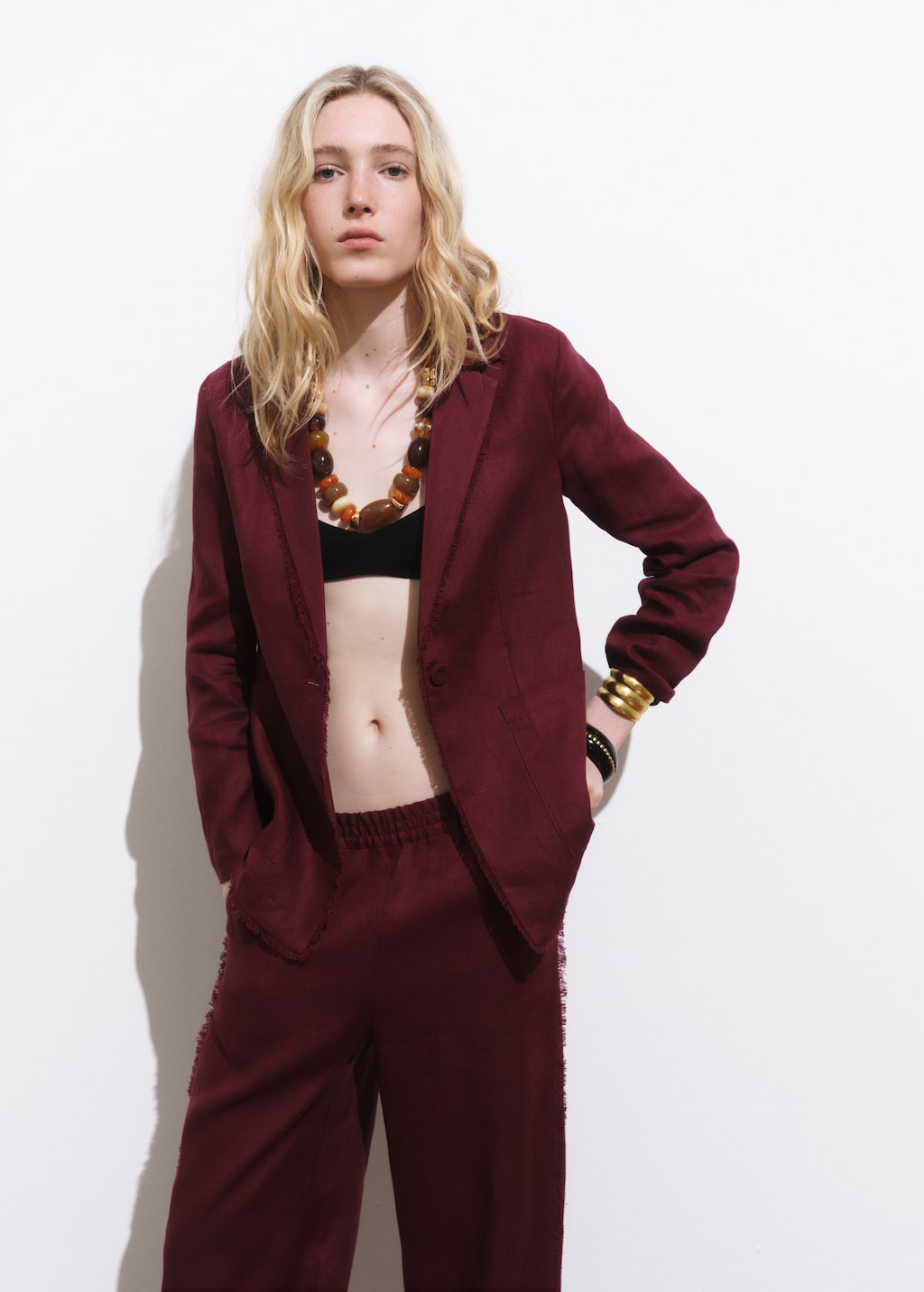 Mango Linen suit blazer with frayed ends