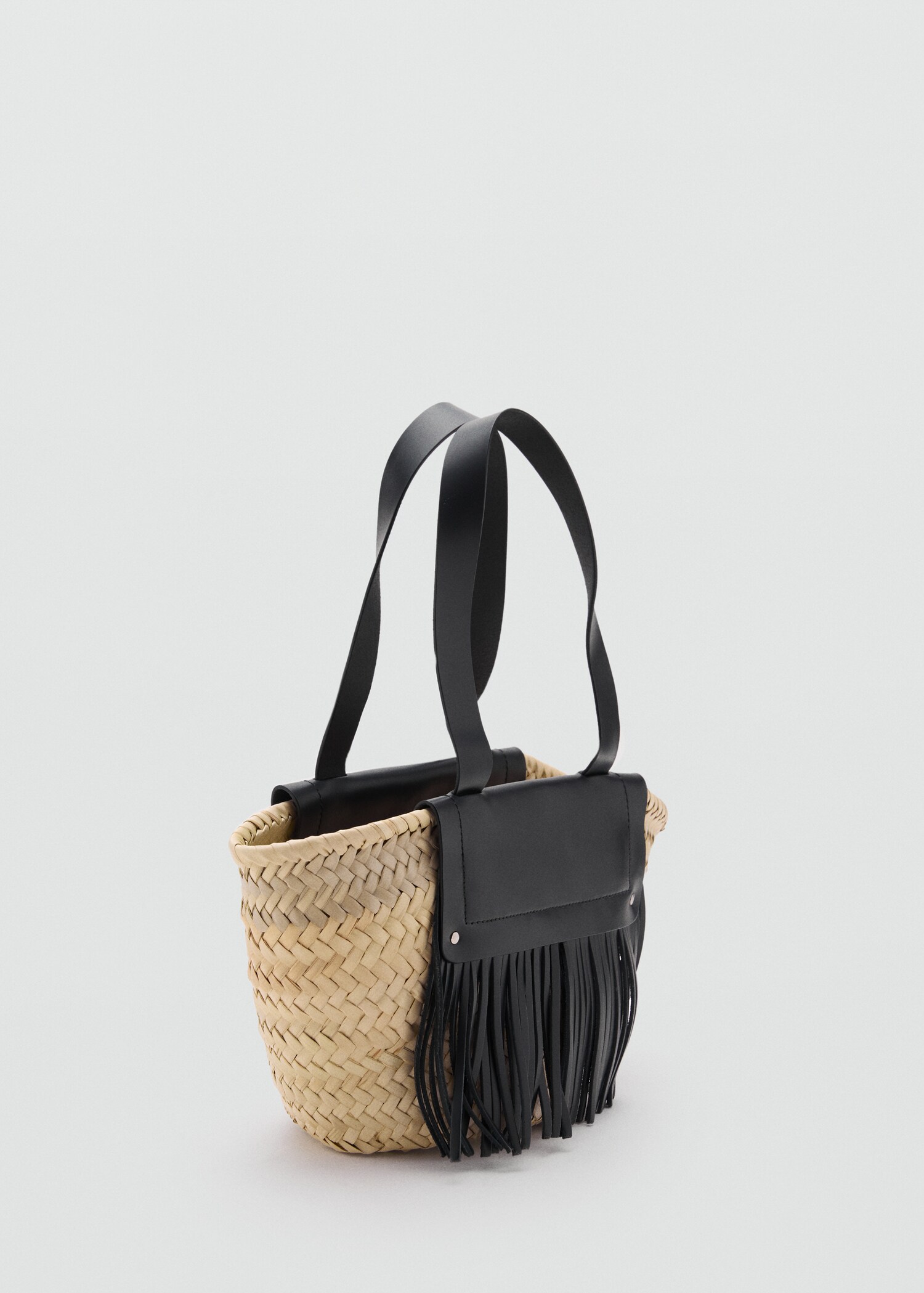 Small natural fibre basket with leather fringes - Medium plane