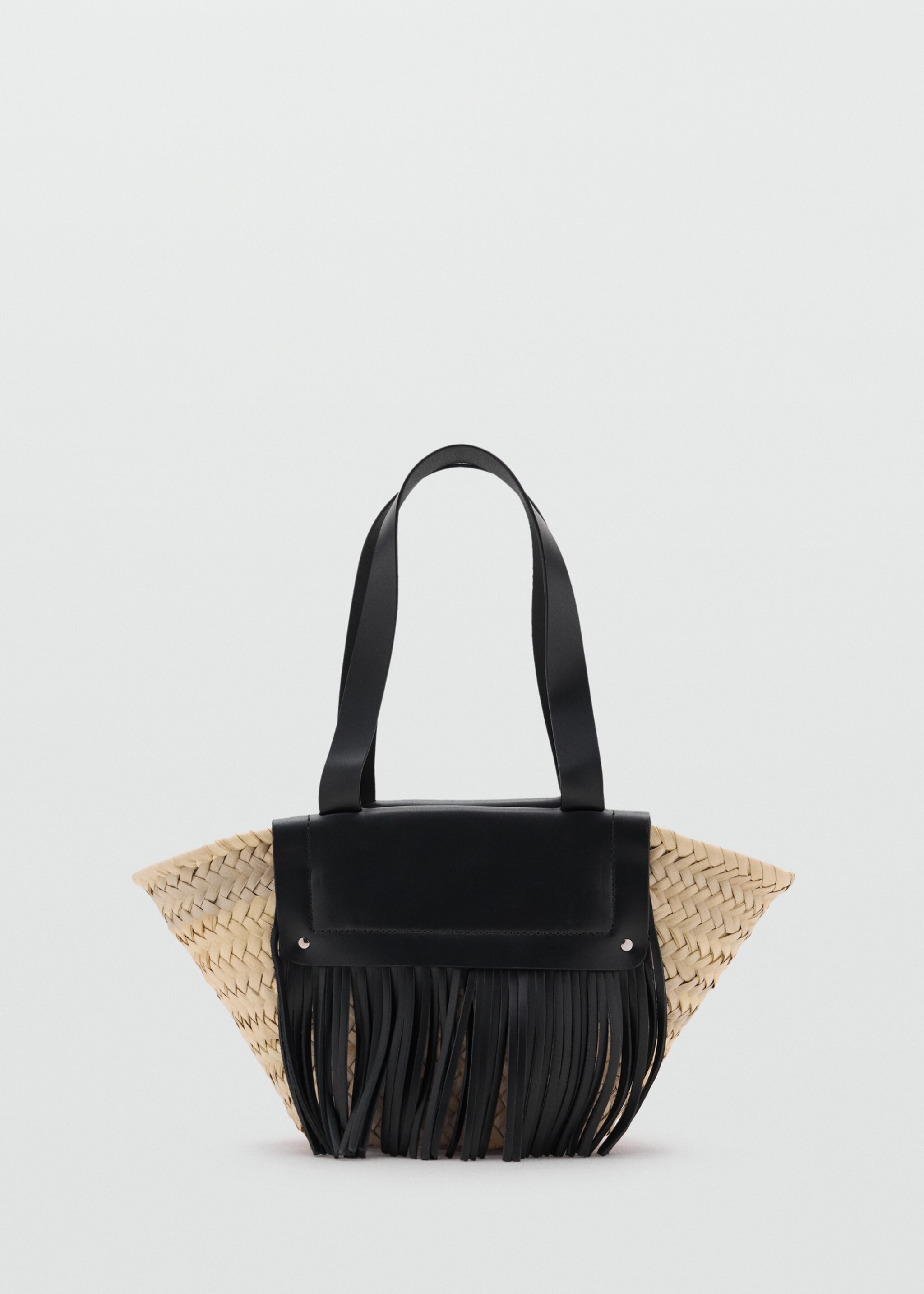 Small natural fibre basket with leather fringes - Article without model, Black. Ref: 17061240-00.