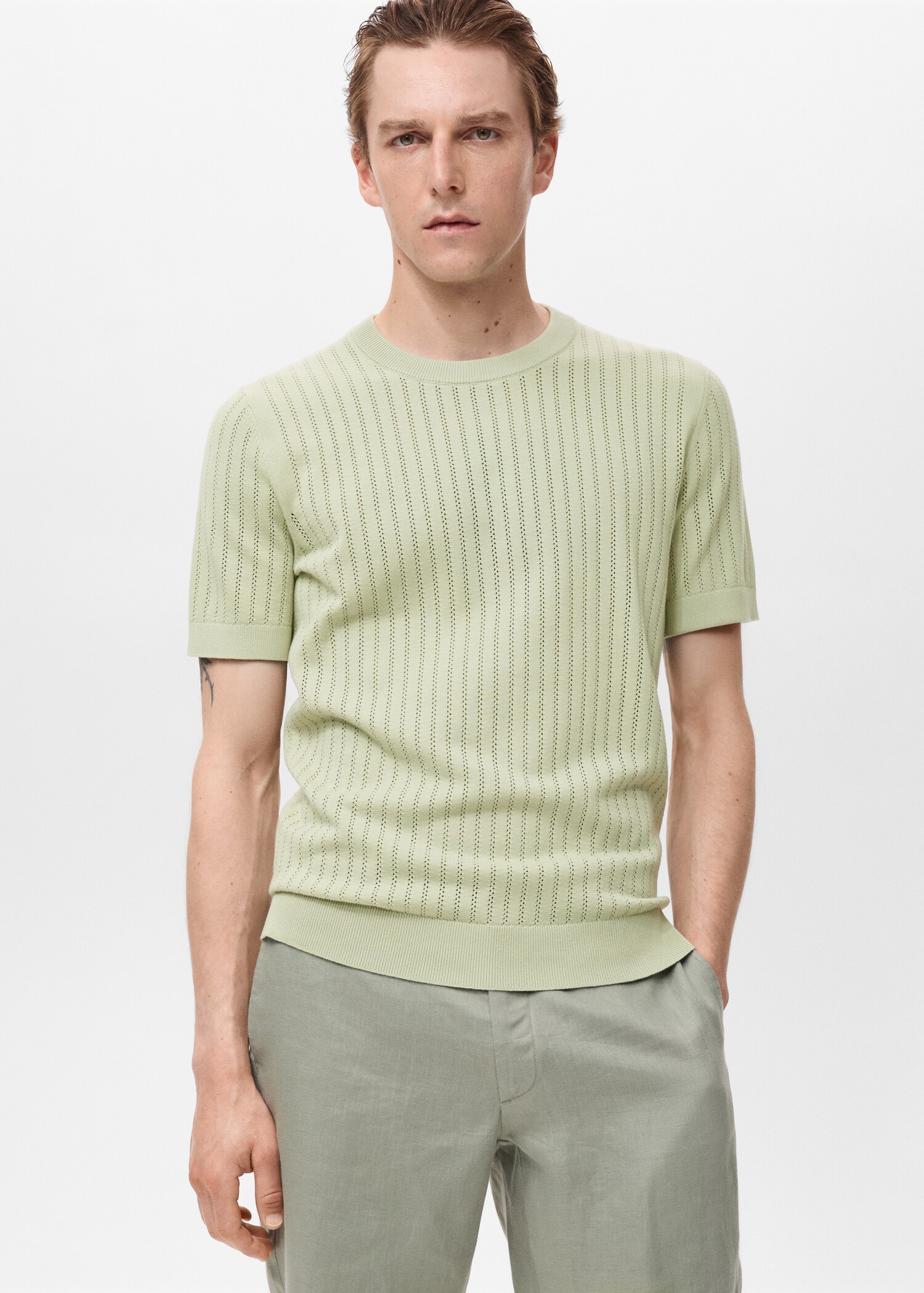 Camiseta algodón calada rayas - Plano medio