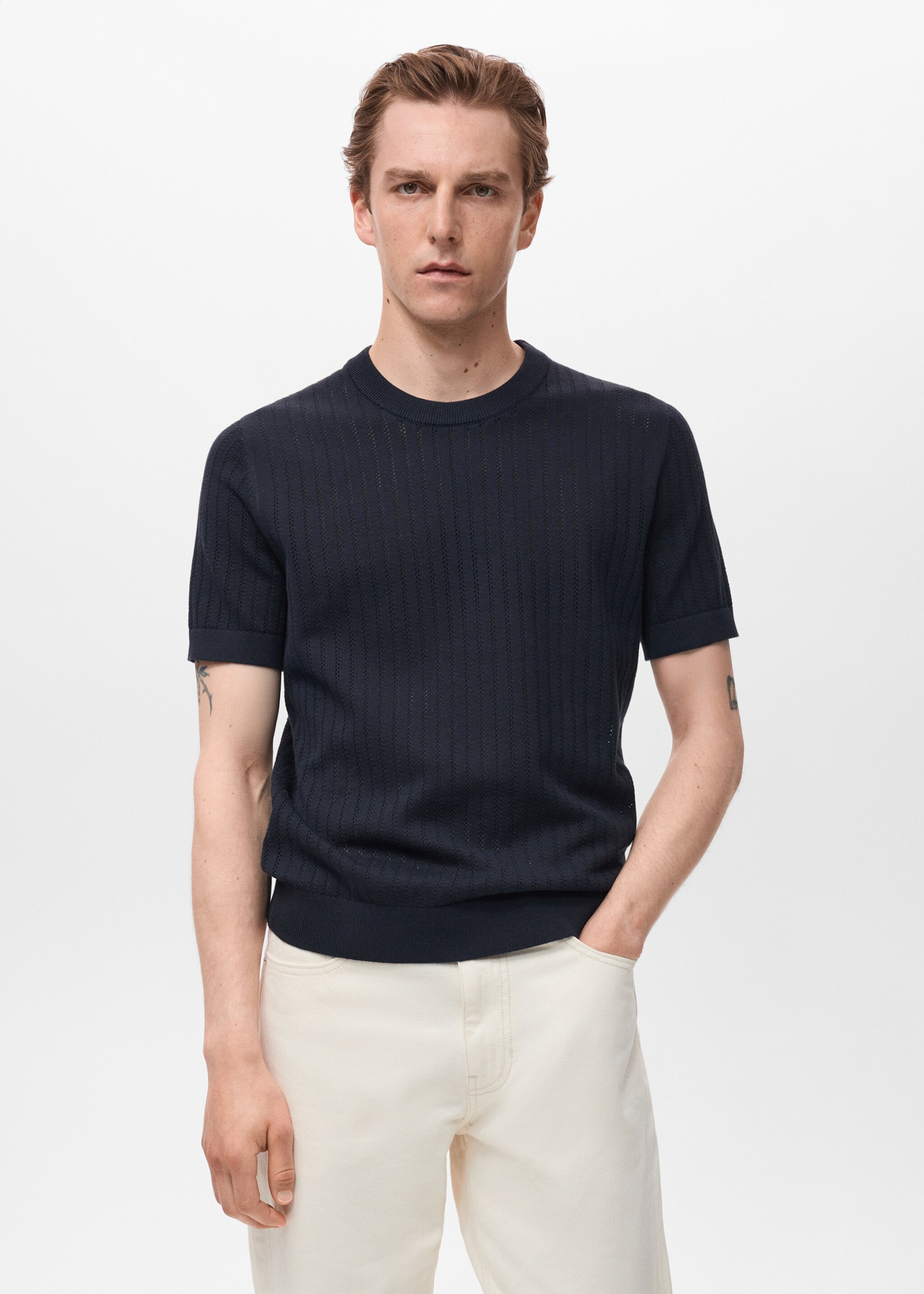 Camiseta algodón calada rayas - Plano medio