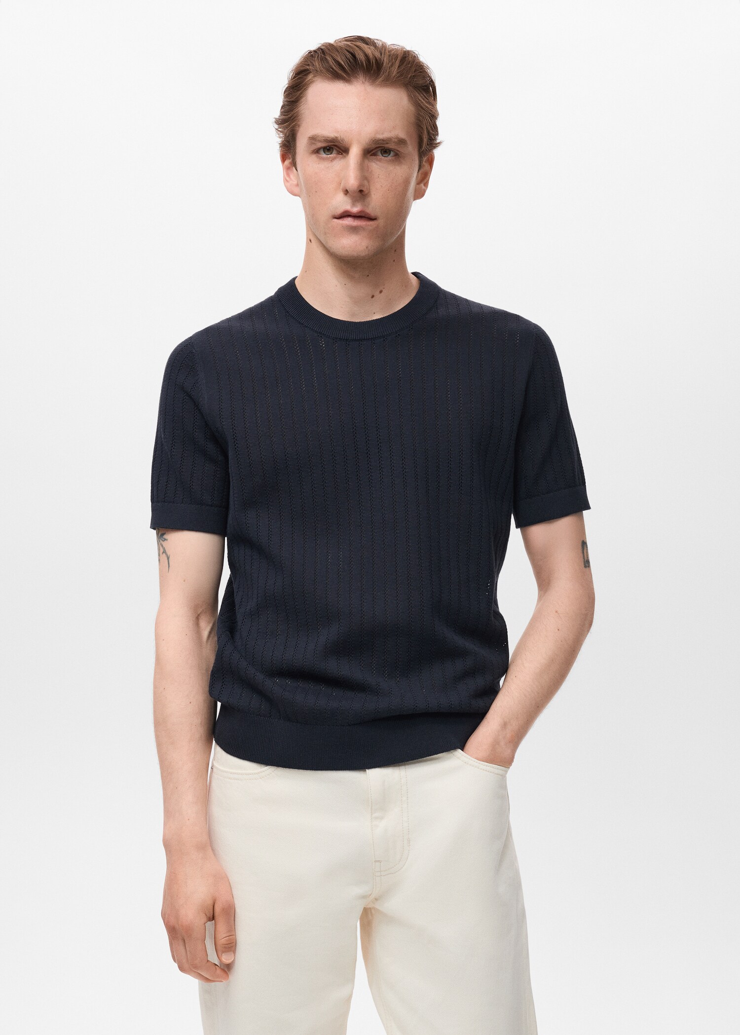 Camiseta algodón calada rayas - Plano medio