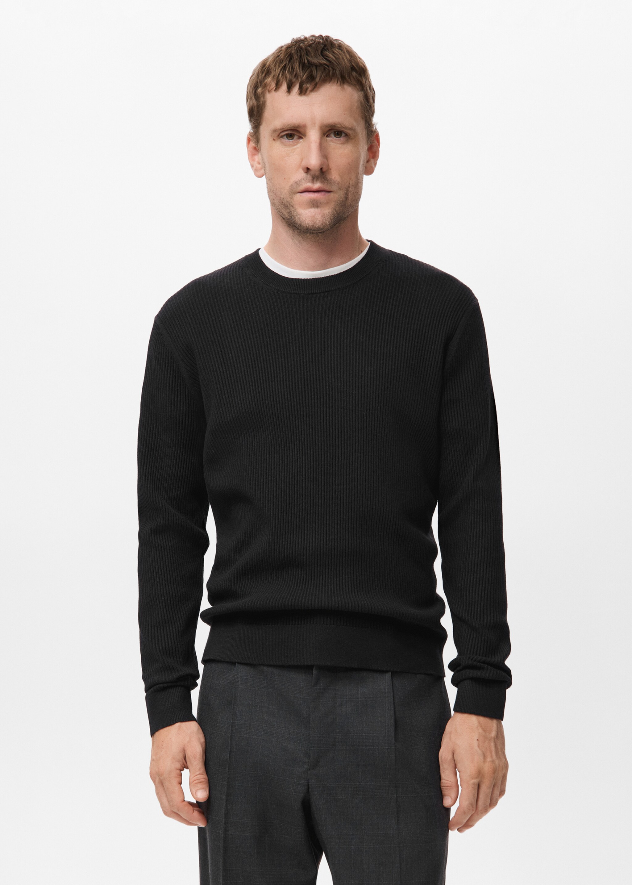 Fine rib-knit cotton sweater - Medium plane, Black. Ref: 17061248-00.