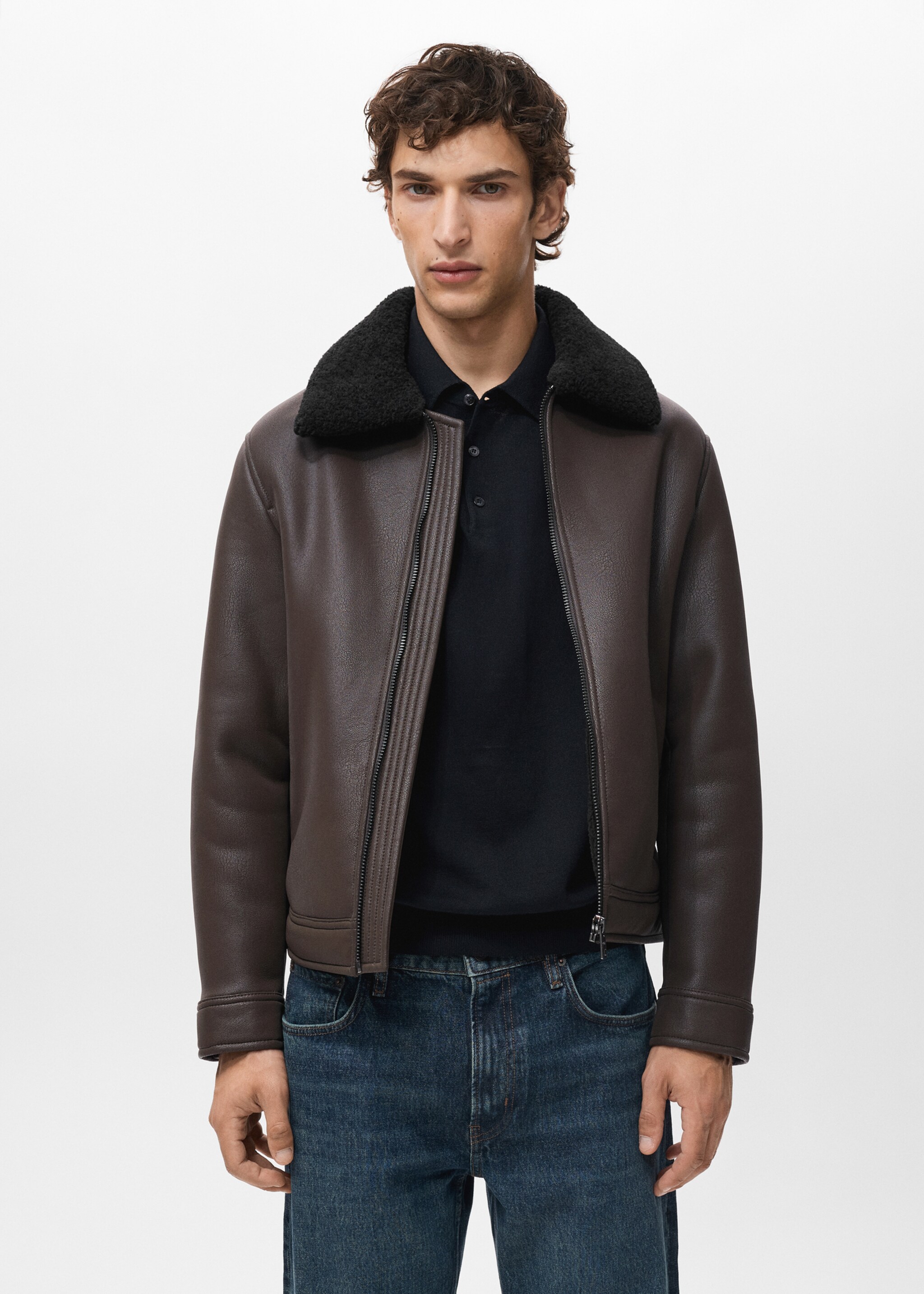 Faux Leather Jacket with Sherpa Lining - Medium plane, Brown. Ref: 17061518-00.