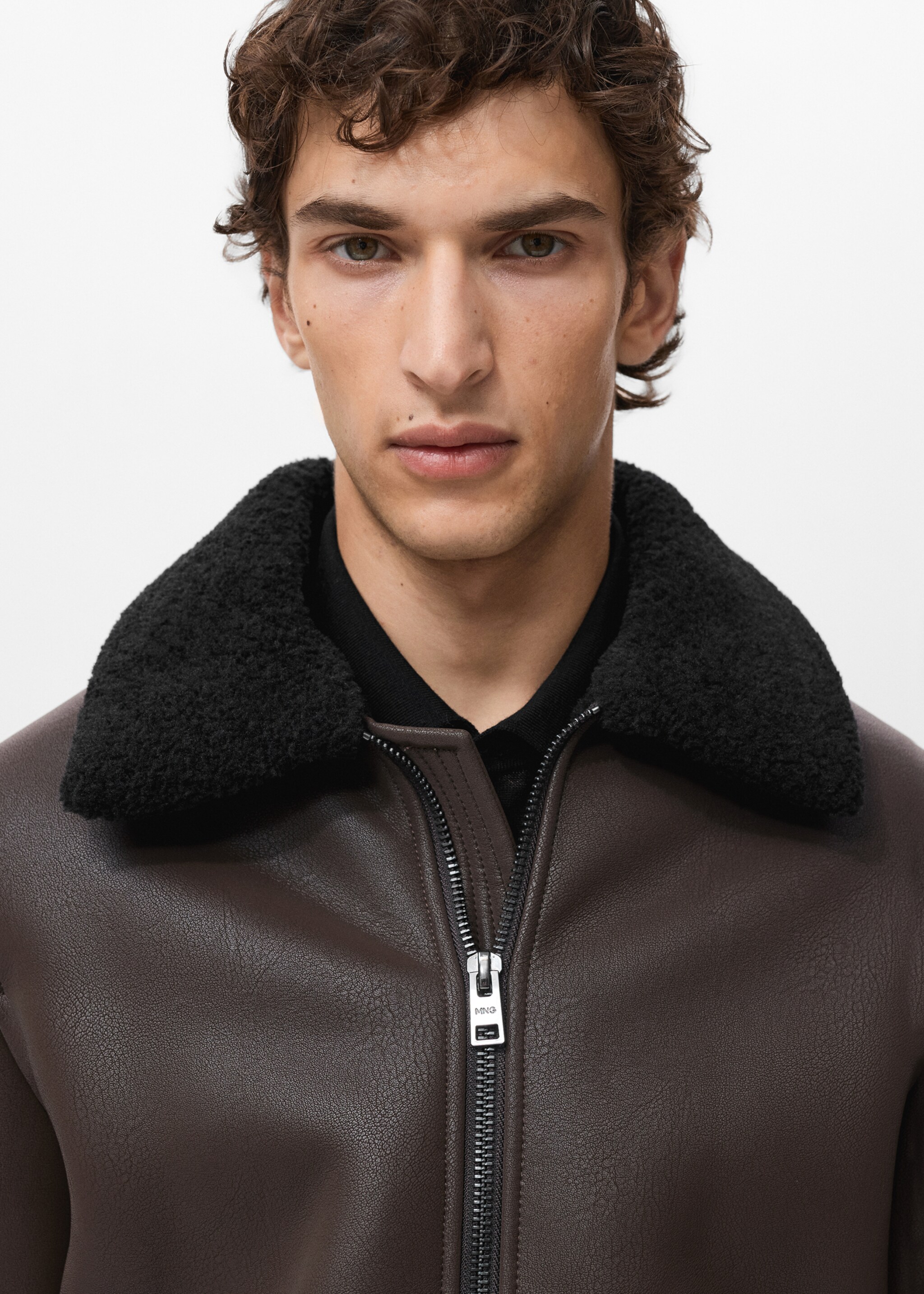 Faux Leather Jacket with Sherpa Lining - Details of the article 1, Brown. Ref: 17061518-00.