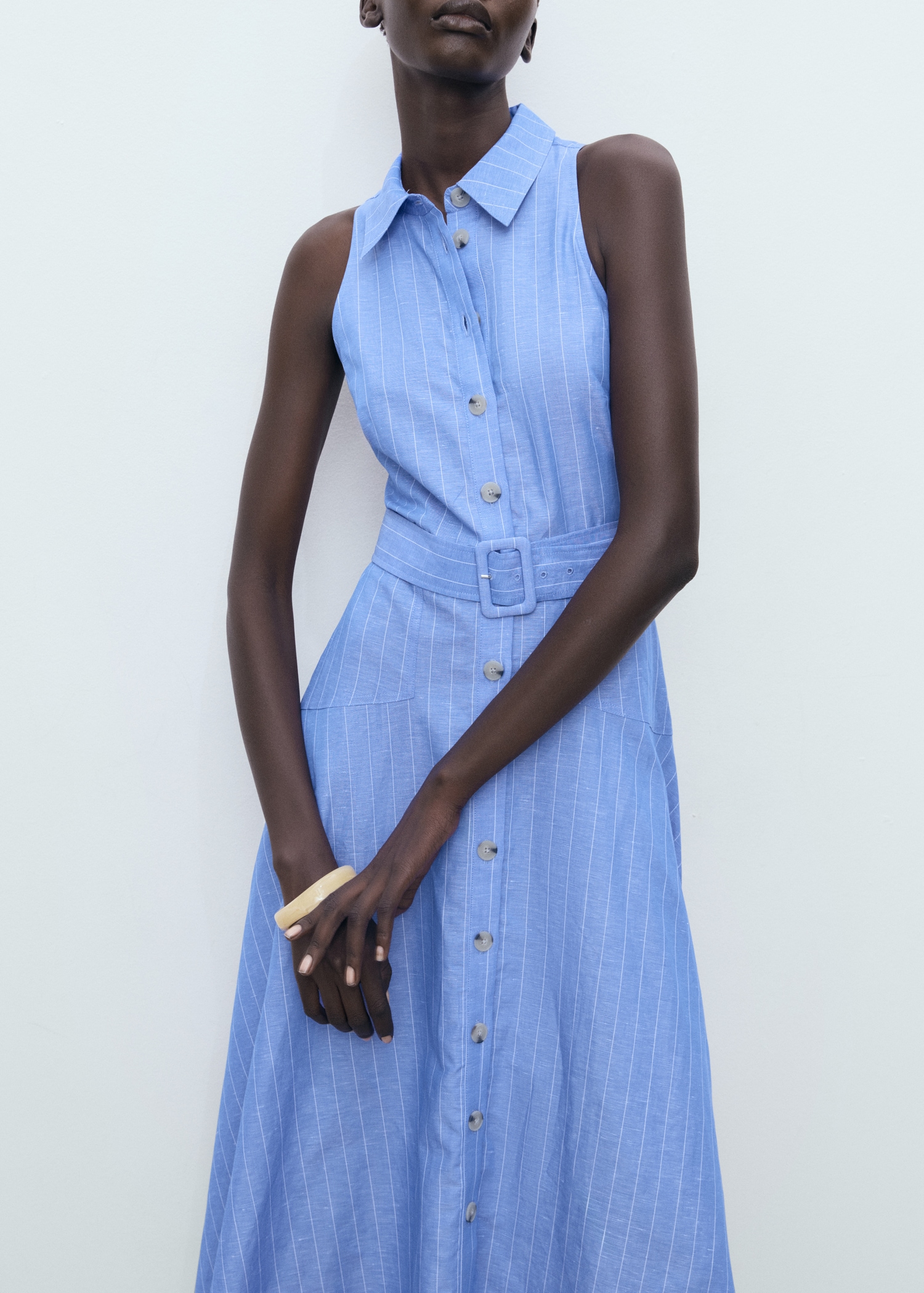 Vestido camisero mezcla lino rayas Mujer MANGO España