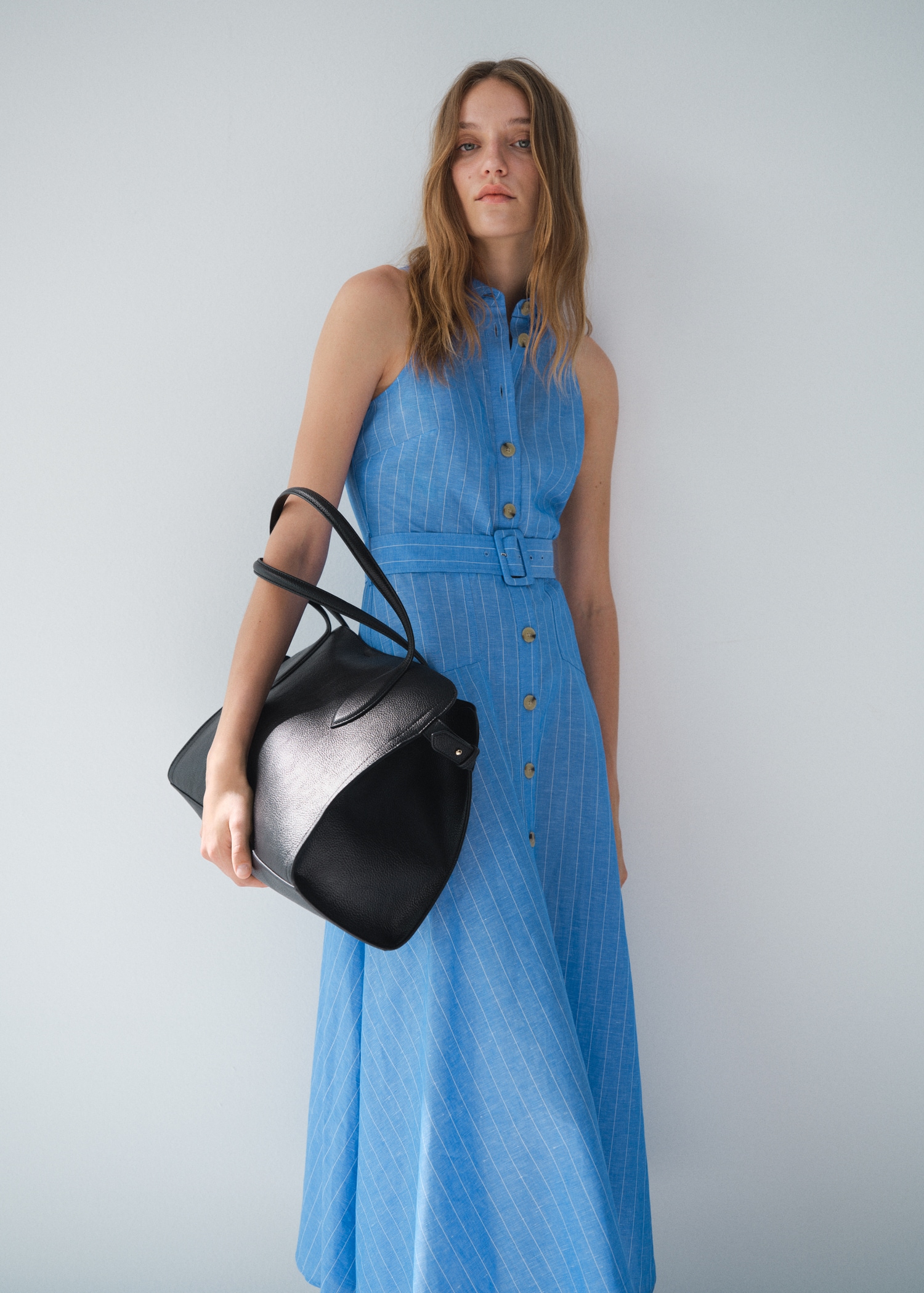 Vestido Largo Vestido Lino Mango VESTIDO CAMISERO MIDI RAYAS CON LINO Vestido Largo Vestido Lino Mango VESTIDO CAMISERO MIDI RAYAS CON LINO