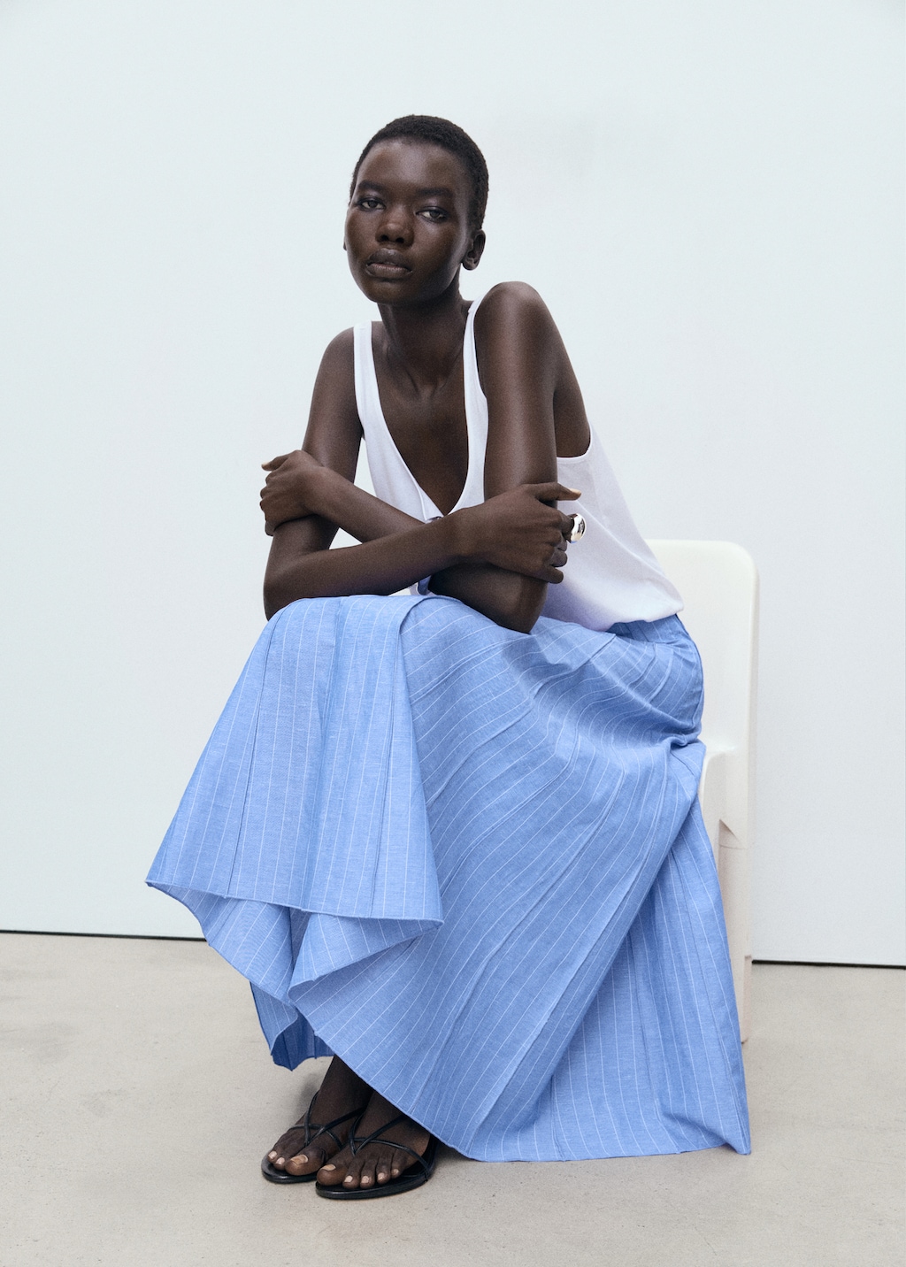 Striped linen-blend skirt