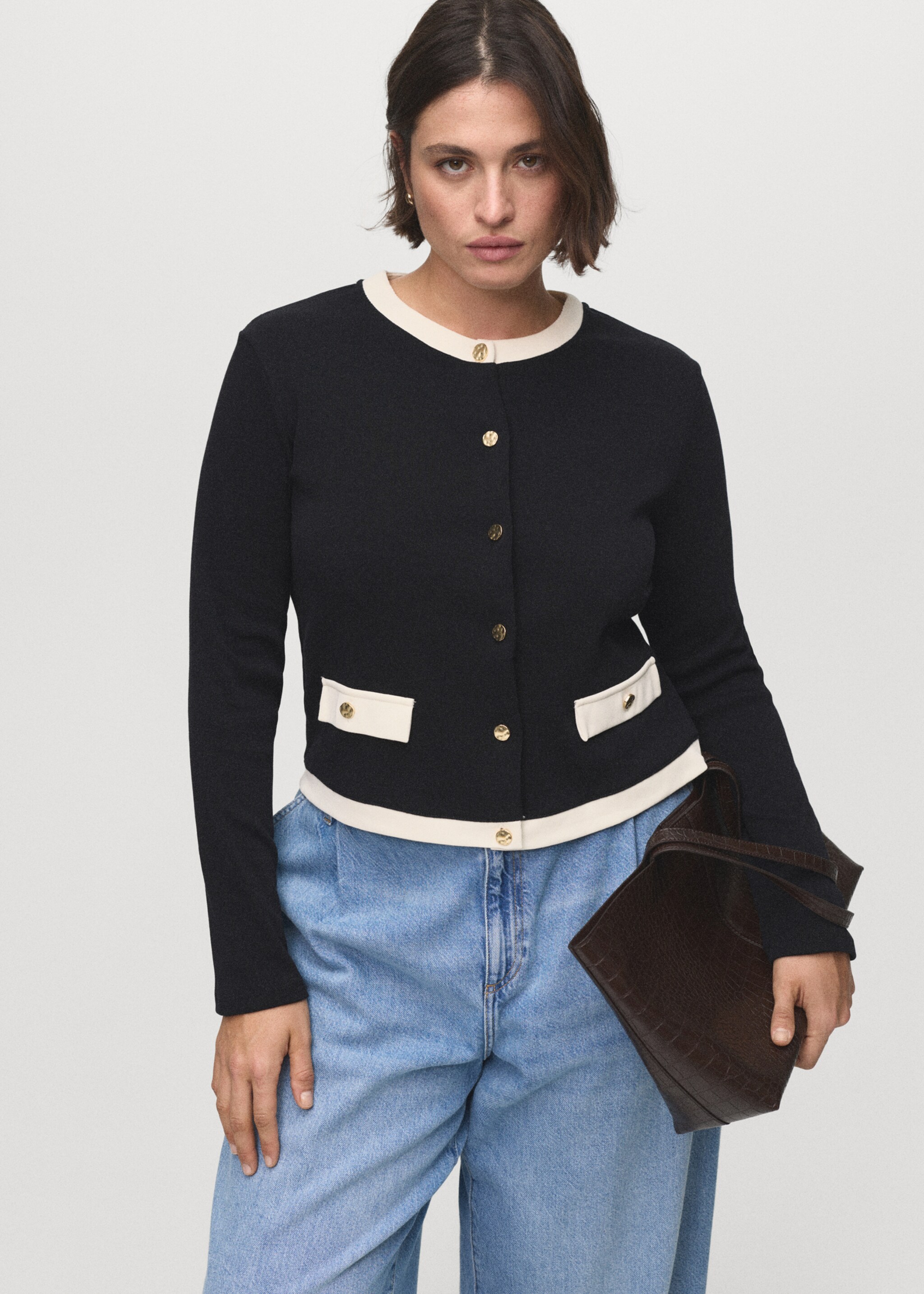 Contrasting cotton cardigan - Details of the article 5, Black. Ref: 17064082-00.