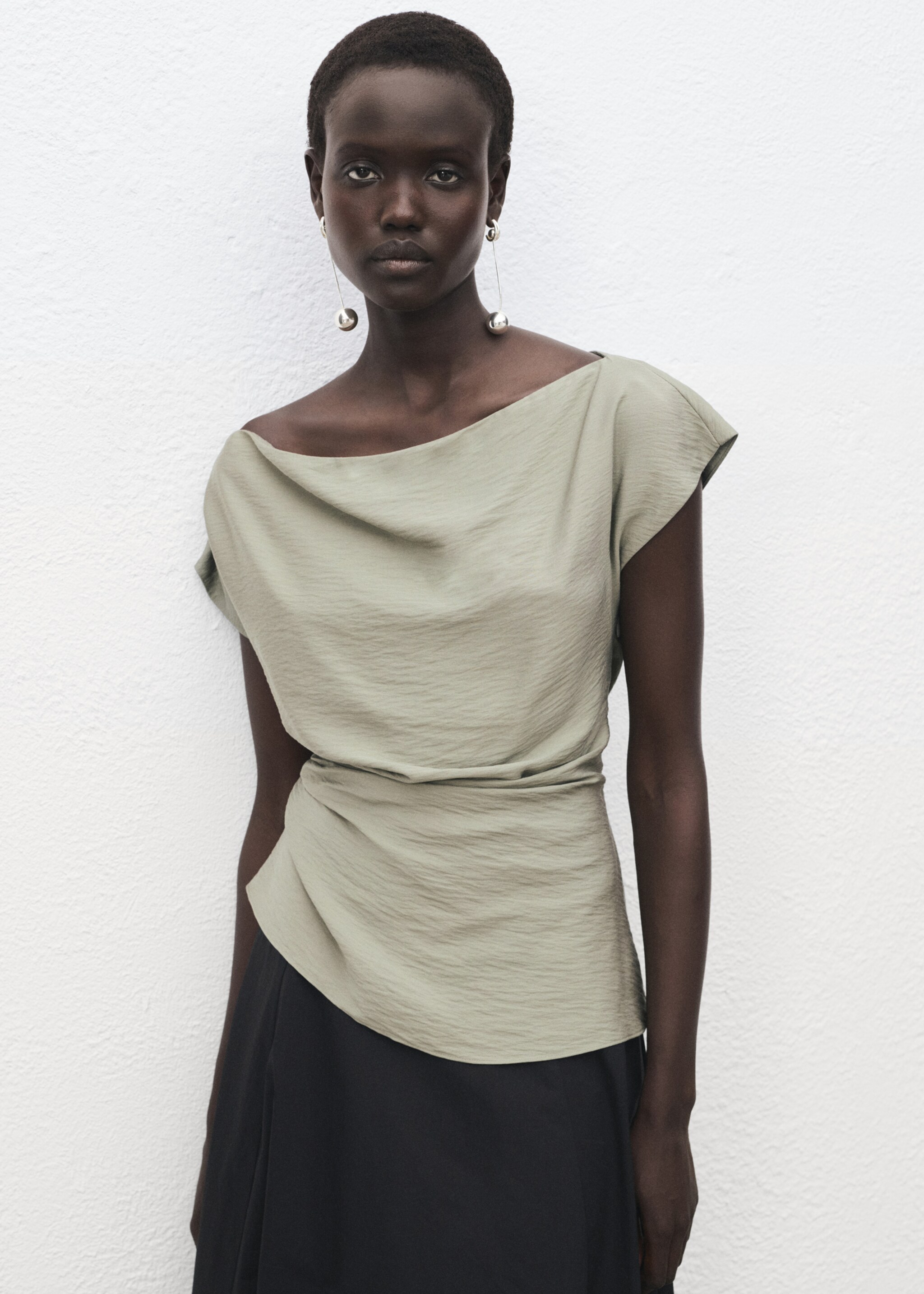 Modal blouse with an asymmetric collar - Medium plane, Aqua Green. Ref: 17064100-00.