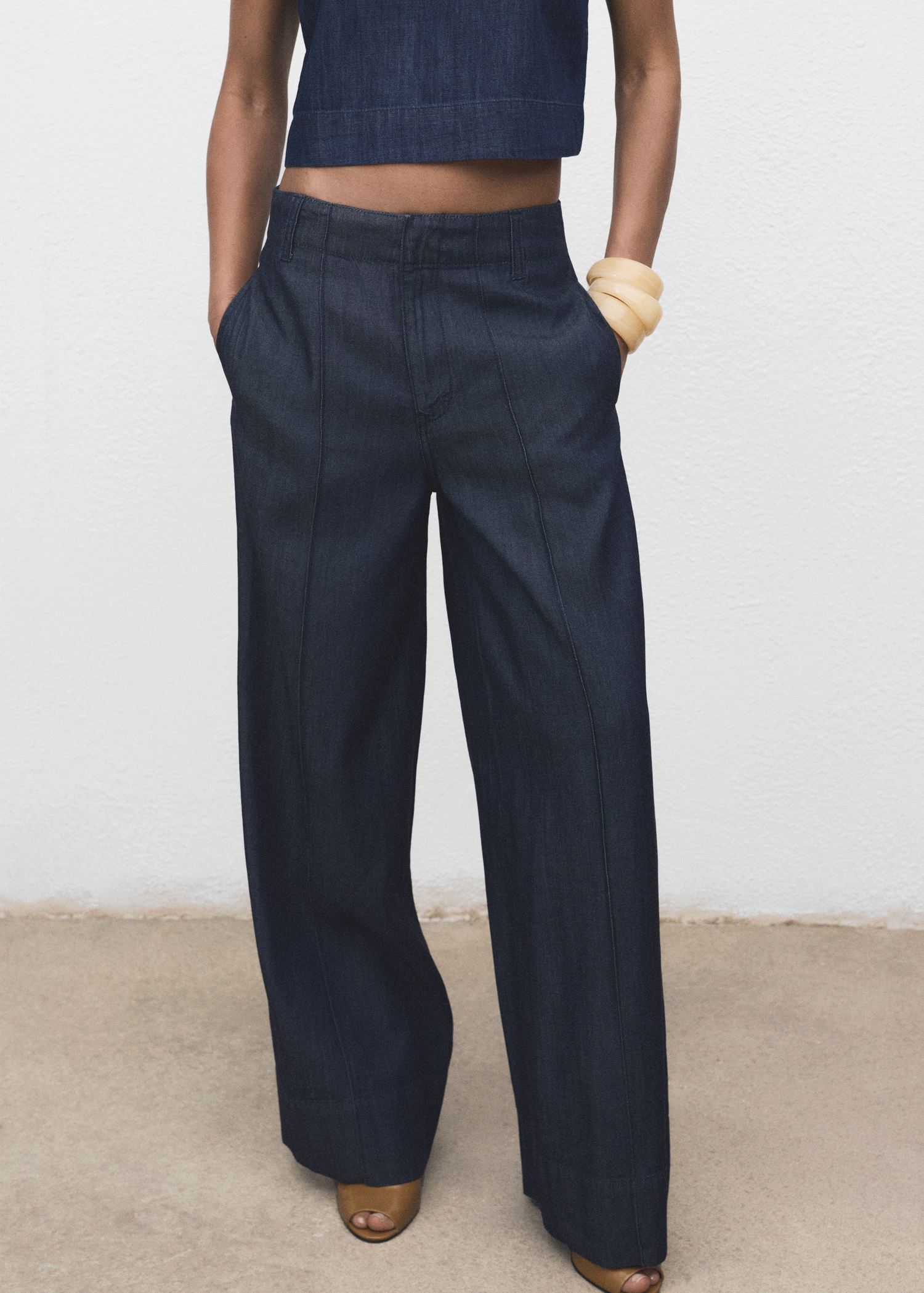 Wide leg denim pants with stitching - Medium plane
