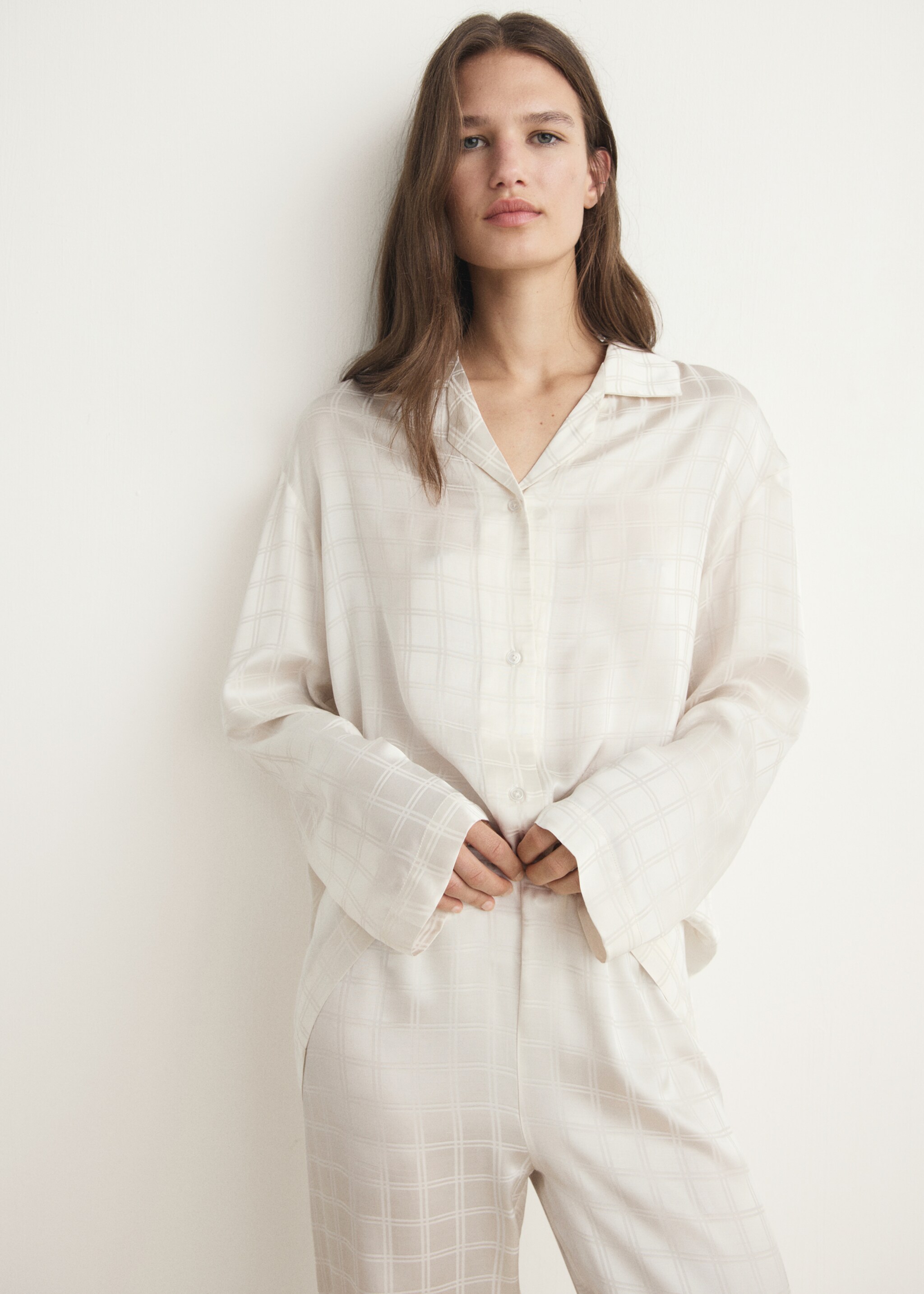 Camisa de pijama xadrez de rayon - Plano médio, Branco-marfim. Ref: 17064108-00.