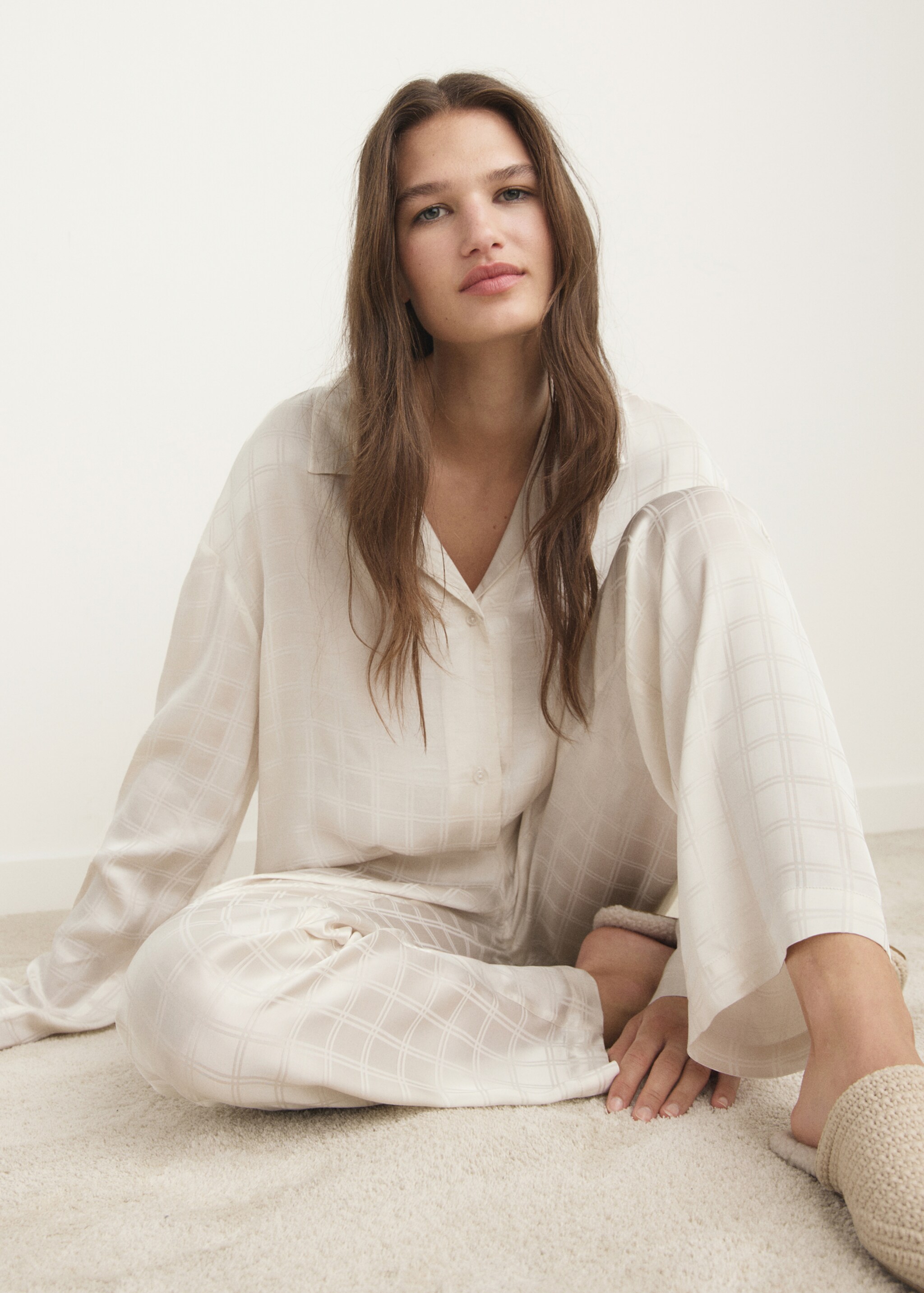 Camisa de pijama xadrez de rayon - Pormenor do artigo 2, Branco-marfim. Ref: 17064108-00.