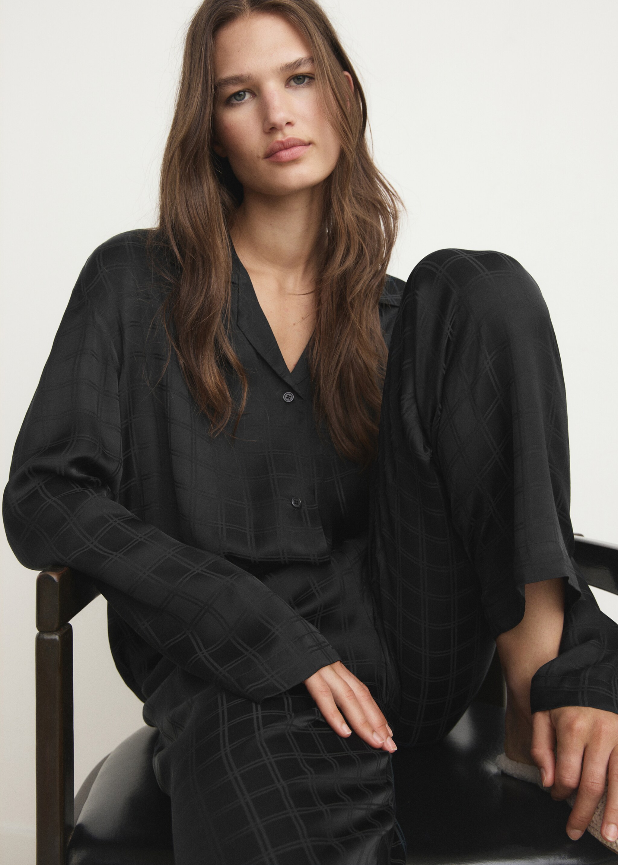 Camisa de pijama xadrez de rayon - Pormenor do artigo 2, Preto. Ref: 17064108-00.
