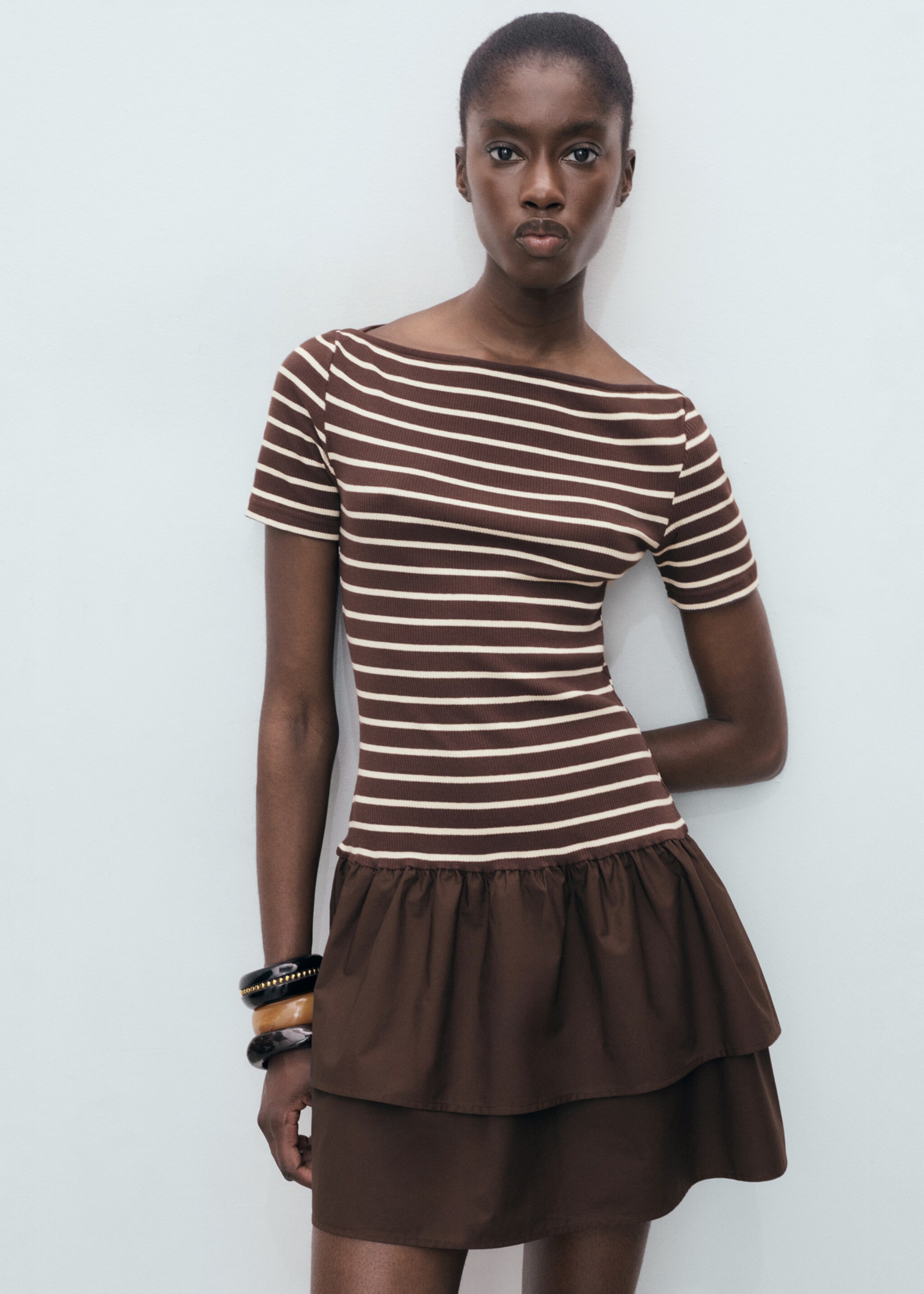 Mixed striped dress - Medium plane, Brown. Ref: 17064115-00.