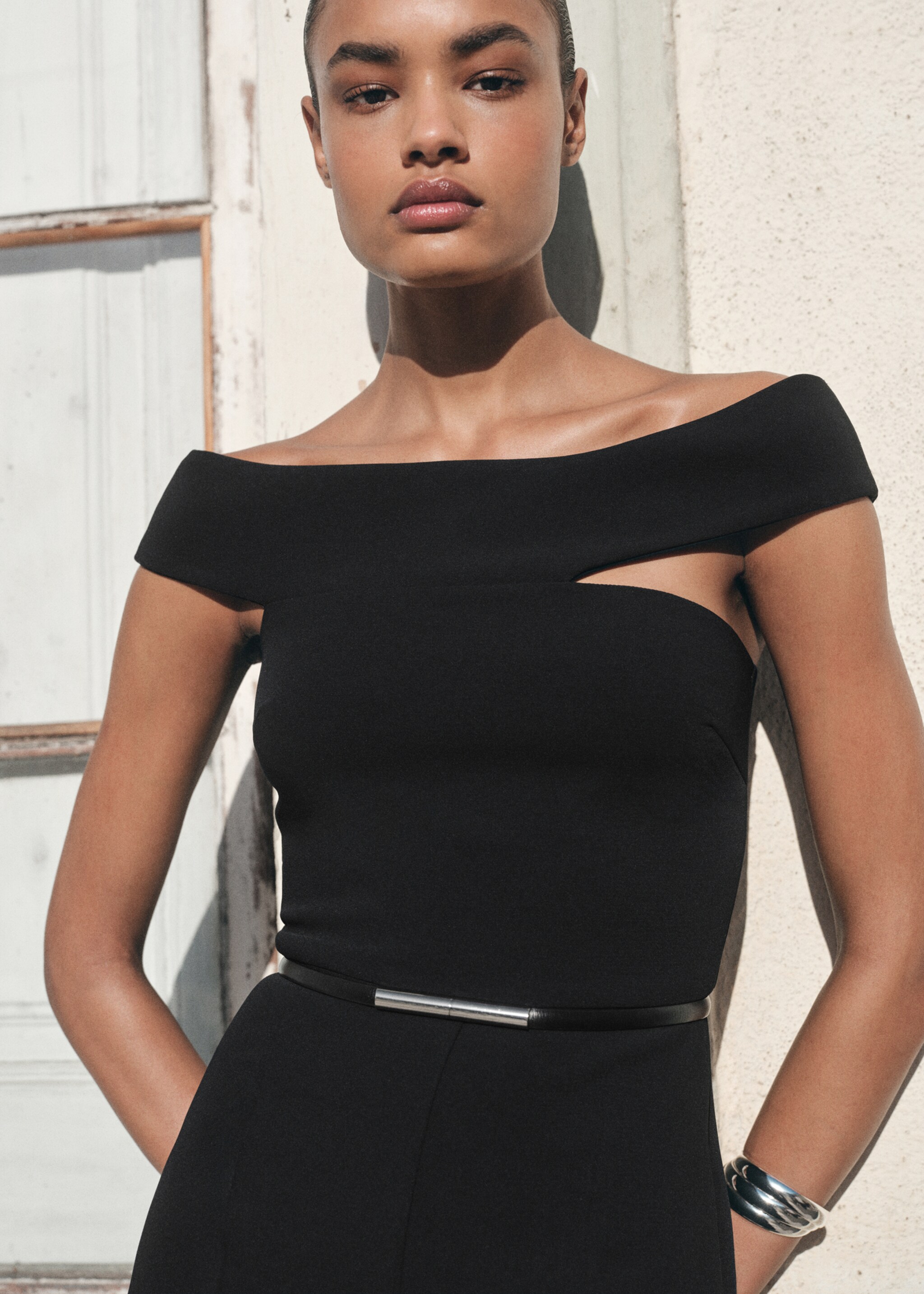 Asymmetric long jumpsuit - Details of the article 1, Black. Ref: 17064118-00.