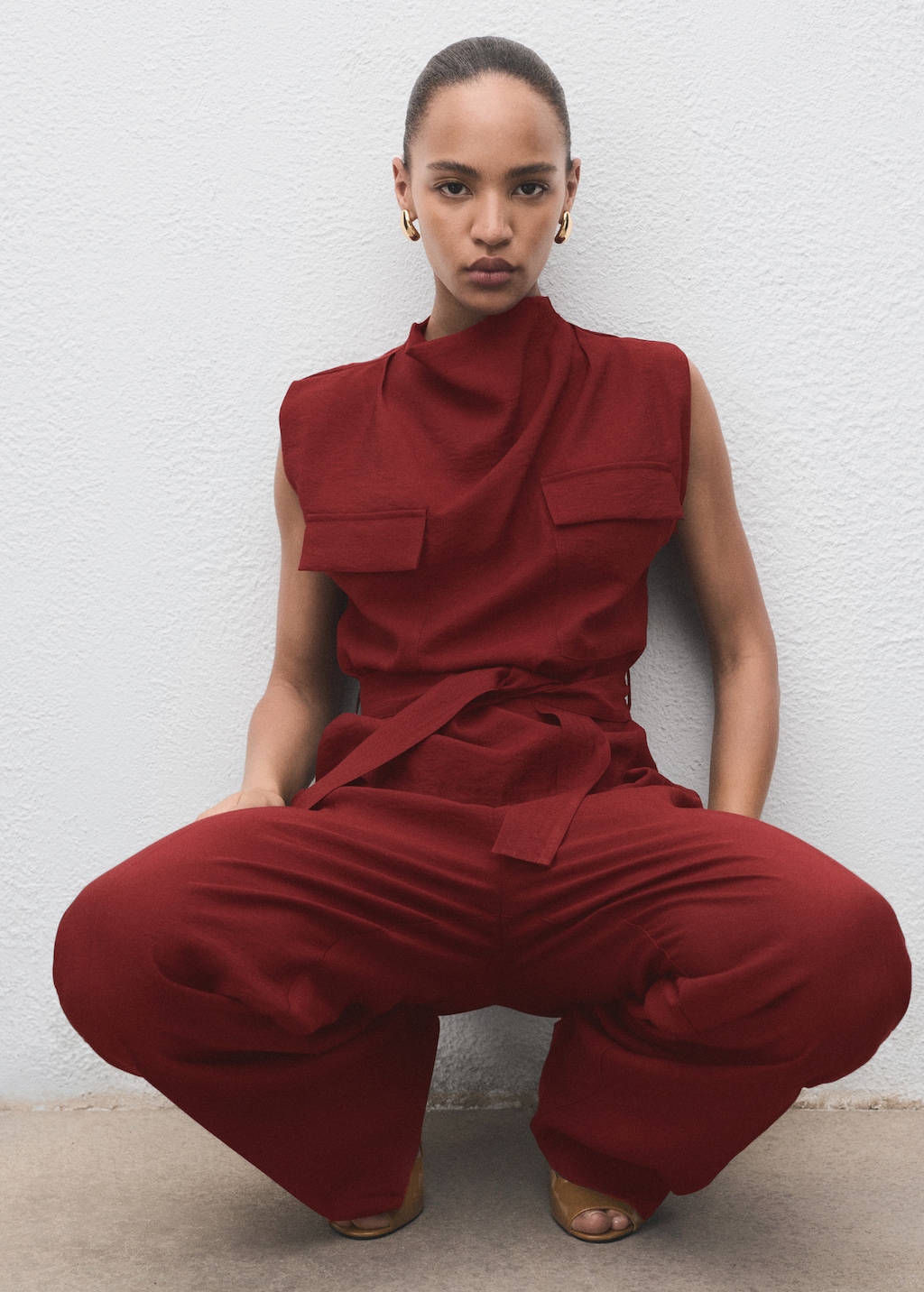 Blouse with draped neck and belt