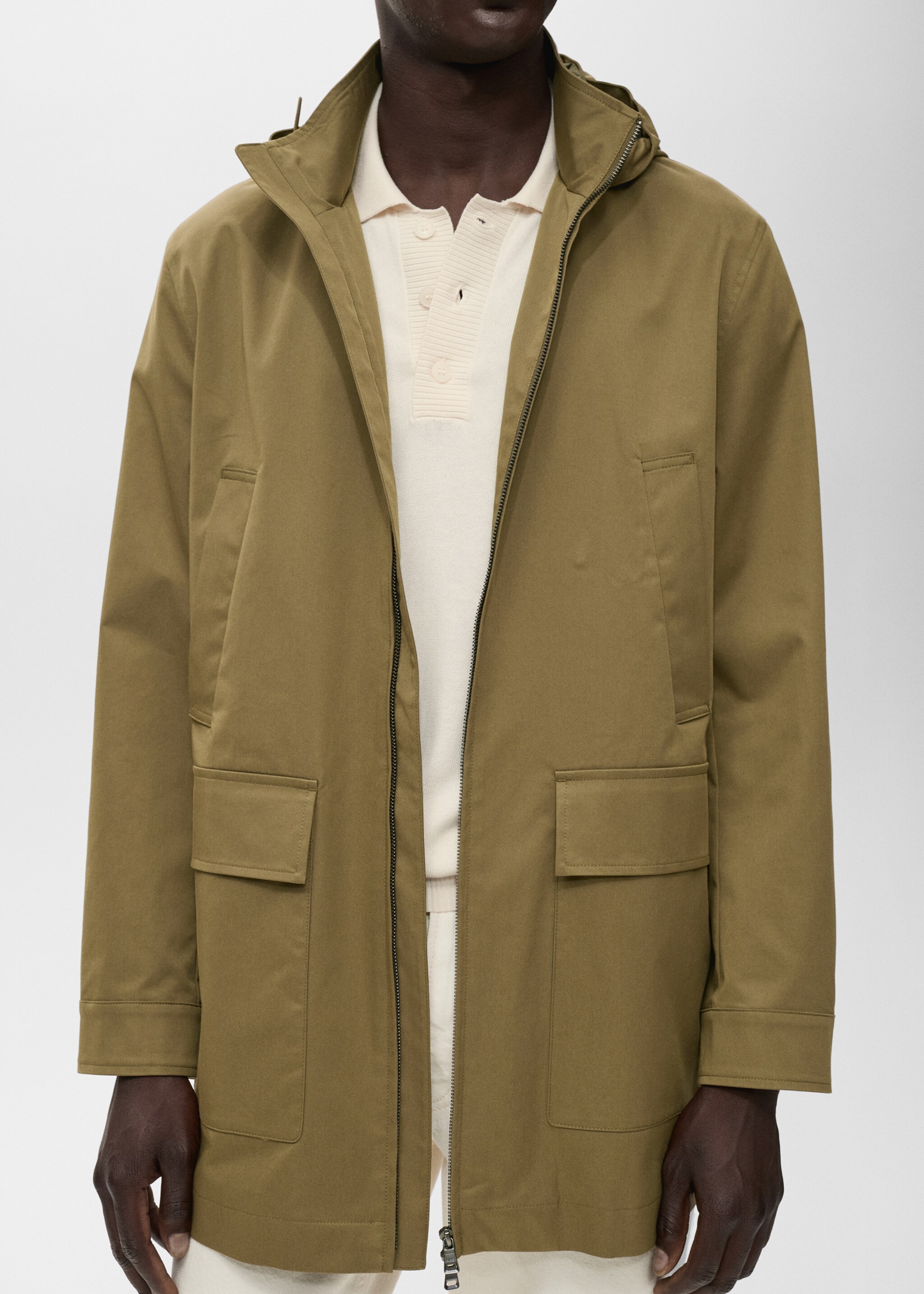Water-repellent hooded parka - Details of the article 6, Khaki. Ref: 17064406-00.