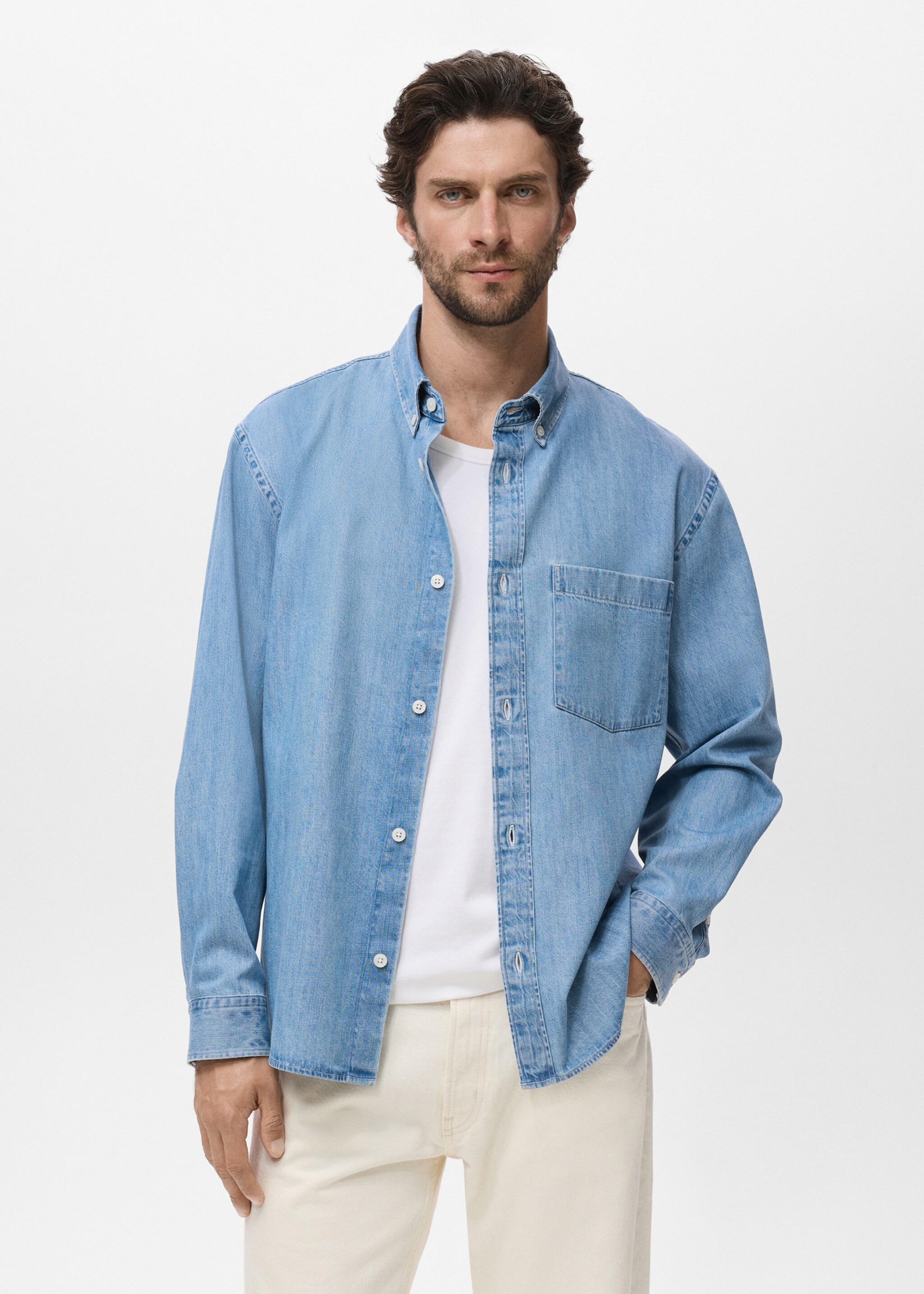Denim overshirt with pocket - Medium plane