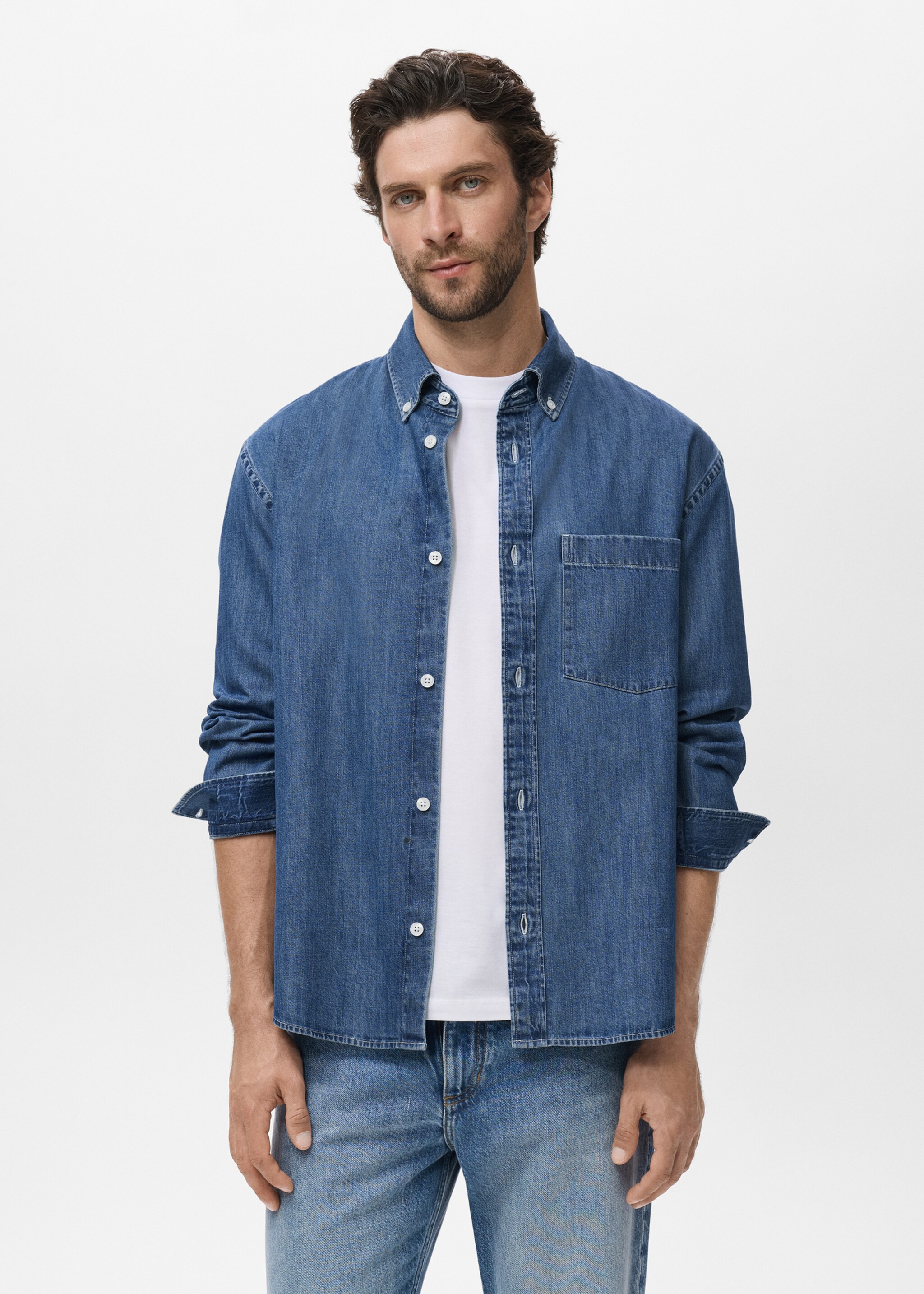 Denim overshirt with pocket - Medium plane