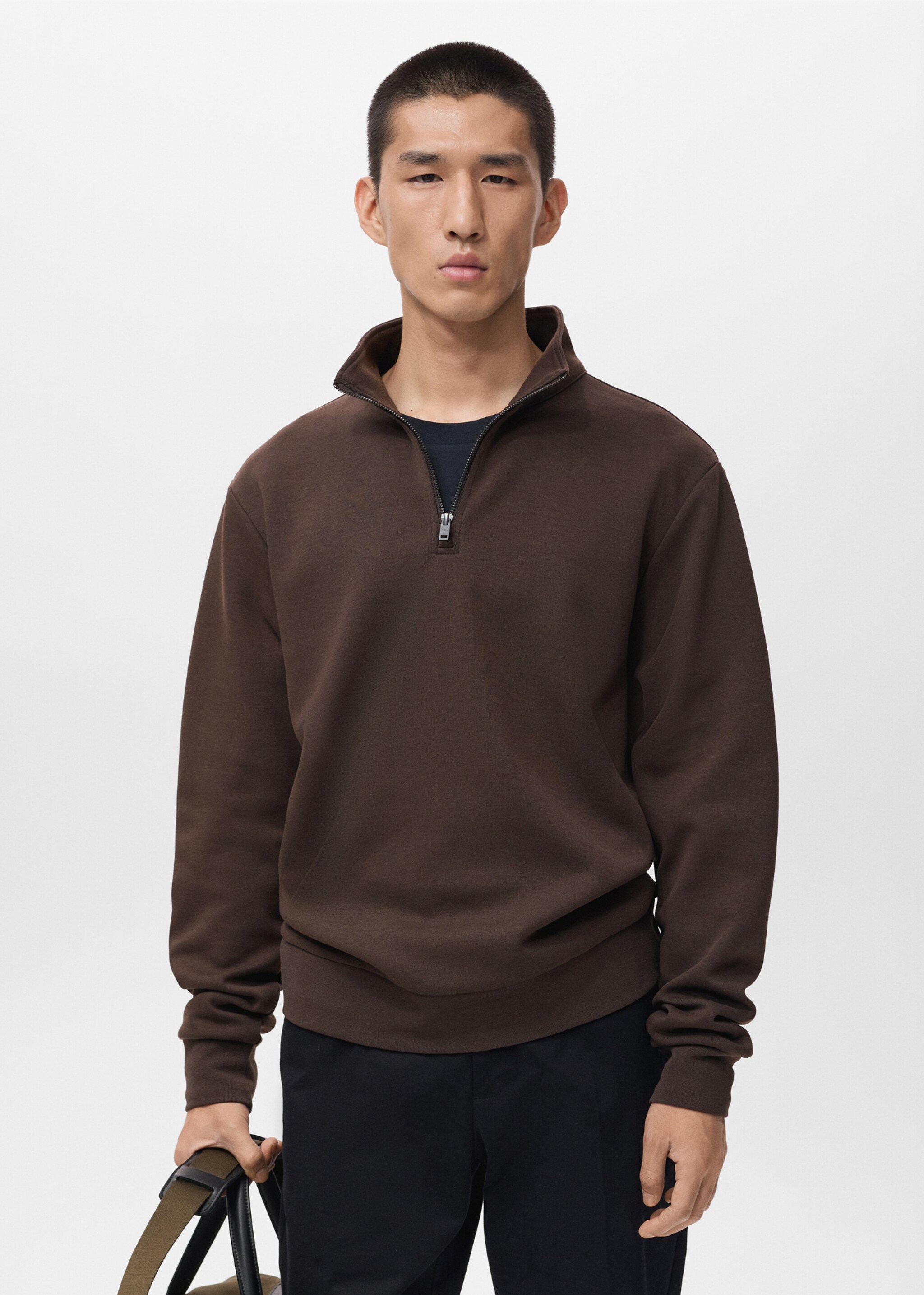 Sudadera algodón regular fit cremallera - Plano medio, Chocolate. Ref: 17064426-00.