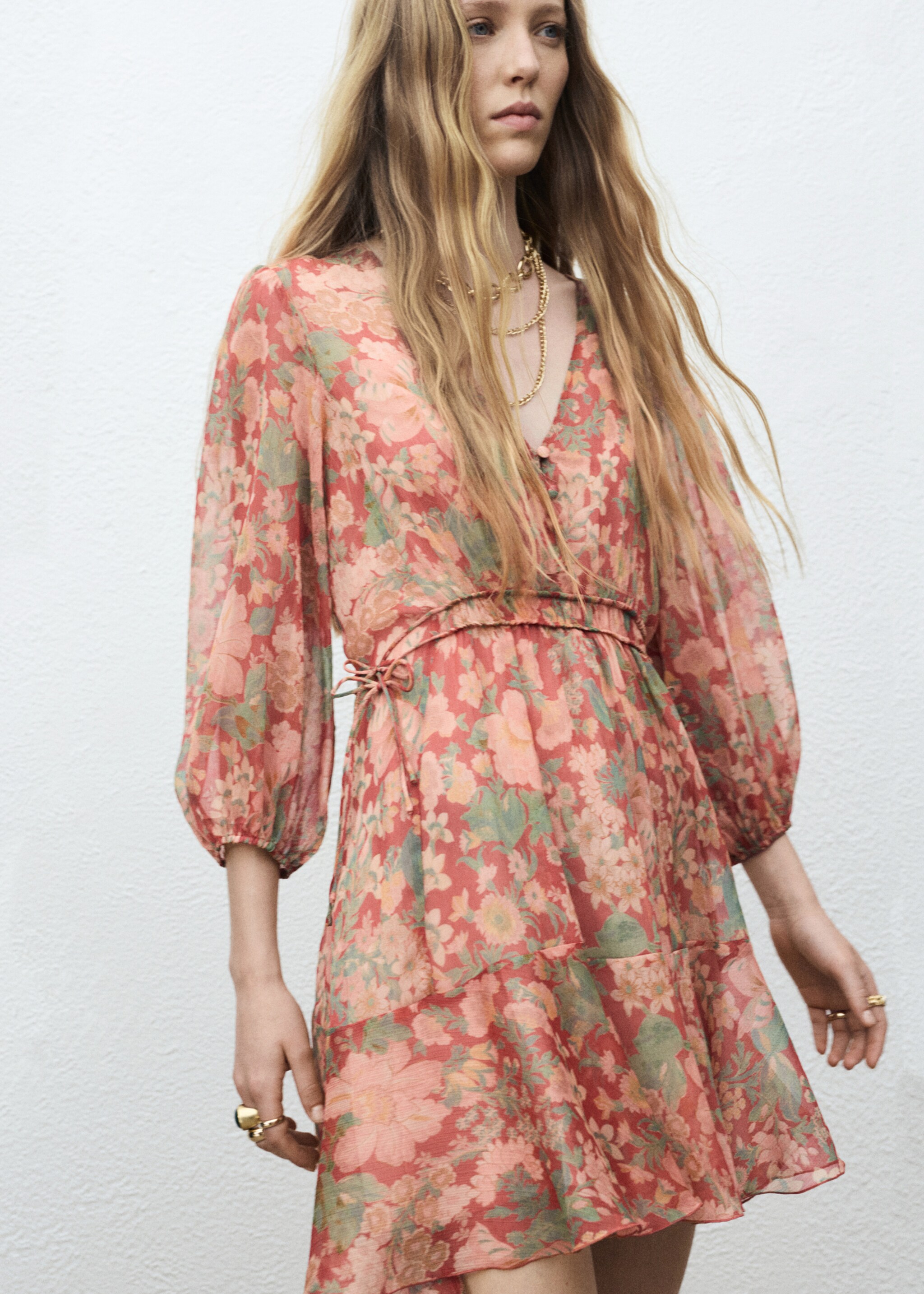 Floral puff-sleeve dress - Medium plane, Maroon. Ref: 17064447-00.