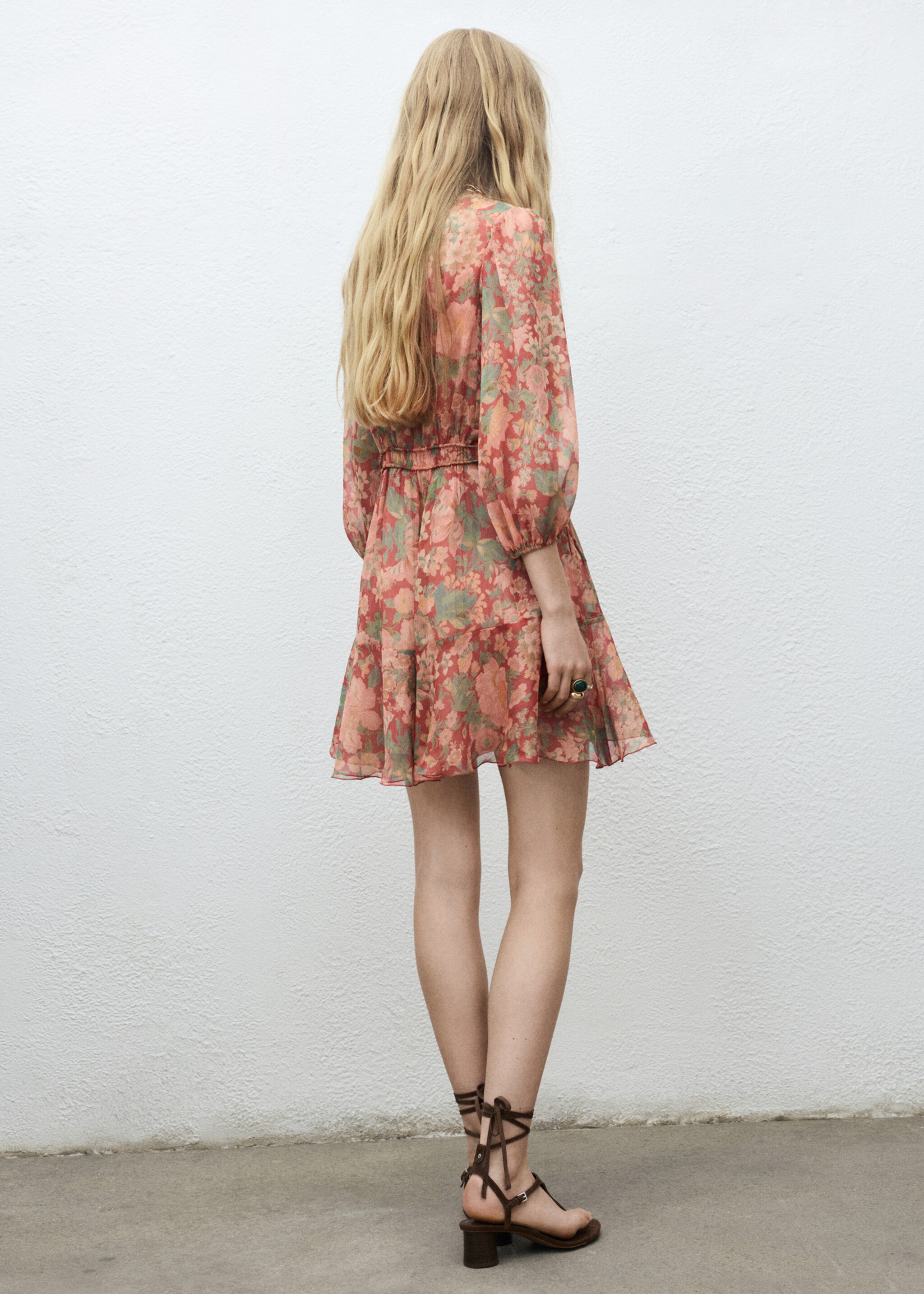 Floral puff-sleeve dress - Reverse of the article, Maroon. Ref: 17064447-00.